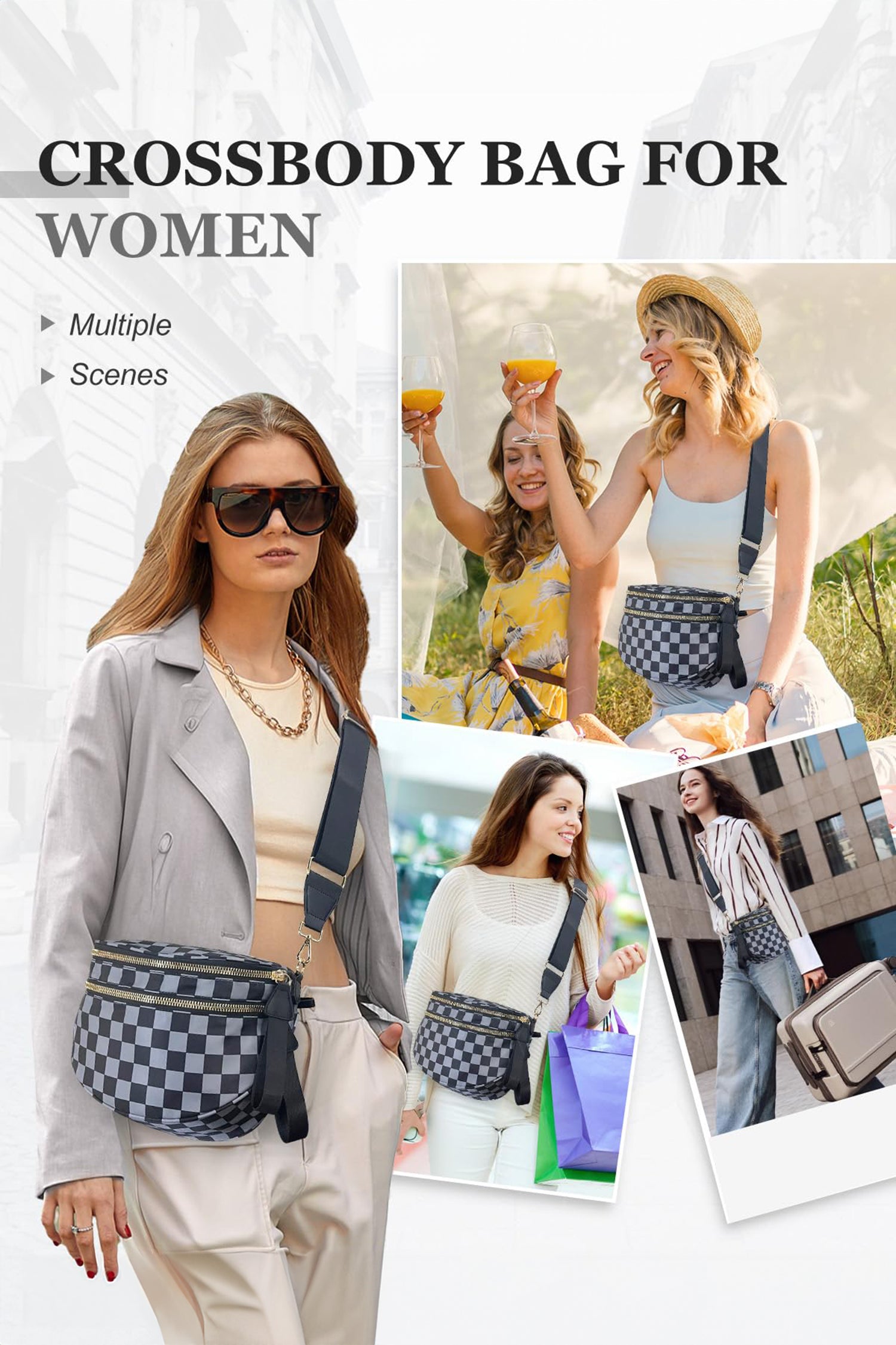 Chestnut Checkered Print Wide Strap Large Crossbody Bag
