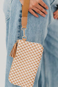 Chestnut Checkered  Woven Clutch Wristlet PU Leather Large Size Patterned Wallet