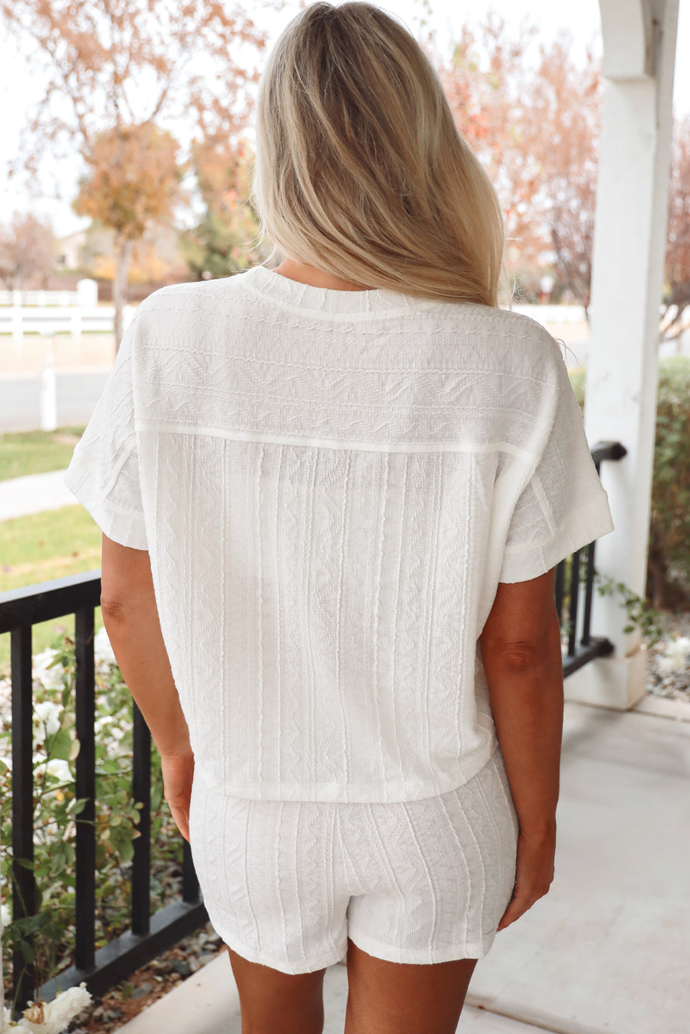 Pale Chestnut Textured Patched Pocket Short Sleeve Top Drawstring Shorts Set