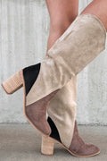Coffee Suede Calf Length Chunky Heel Boots