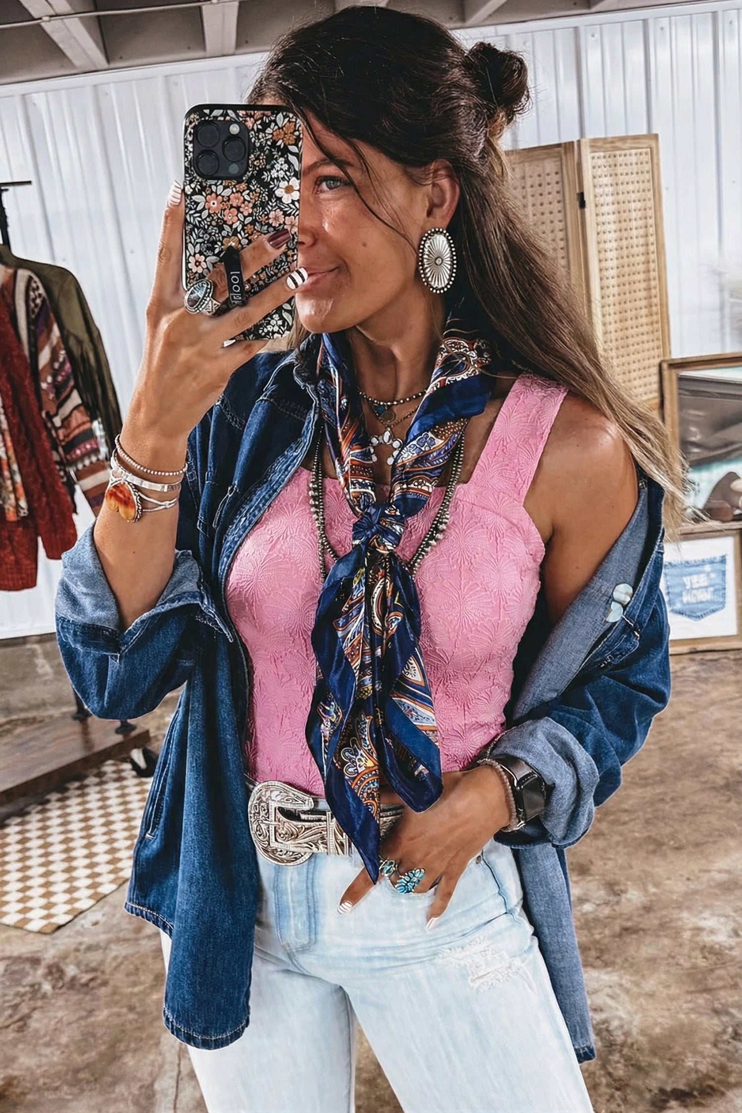 Pink Western Jacquard Square Neck Slim Tank Top