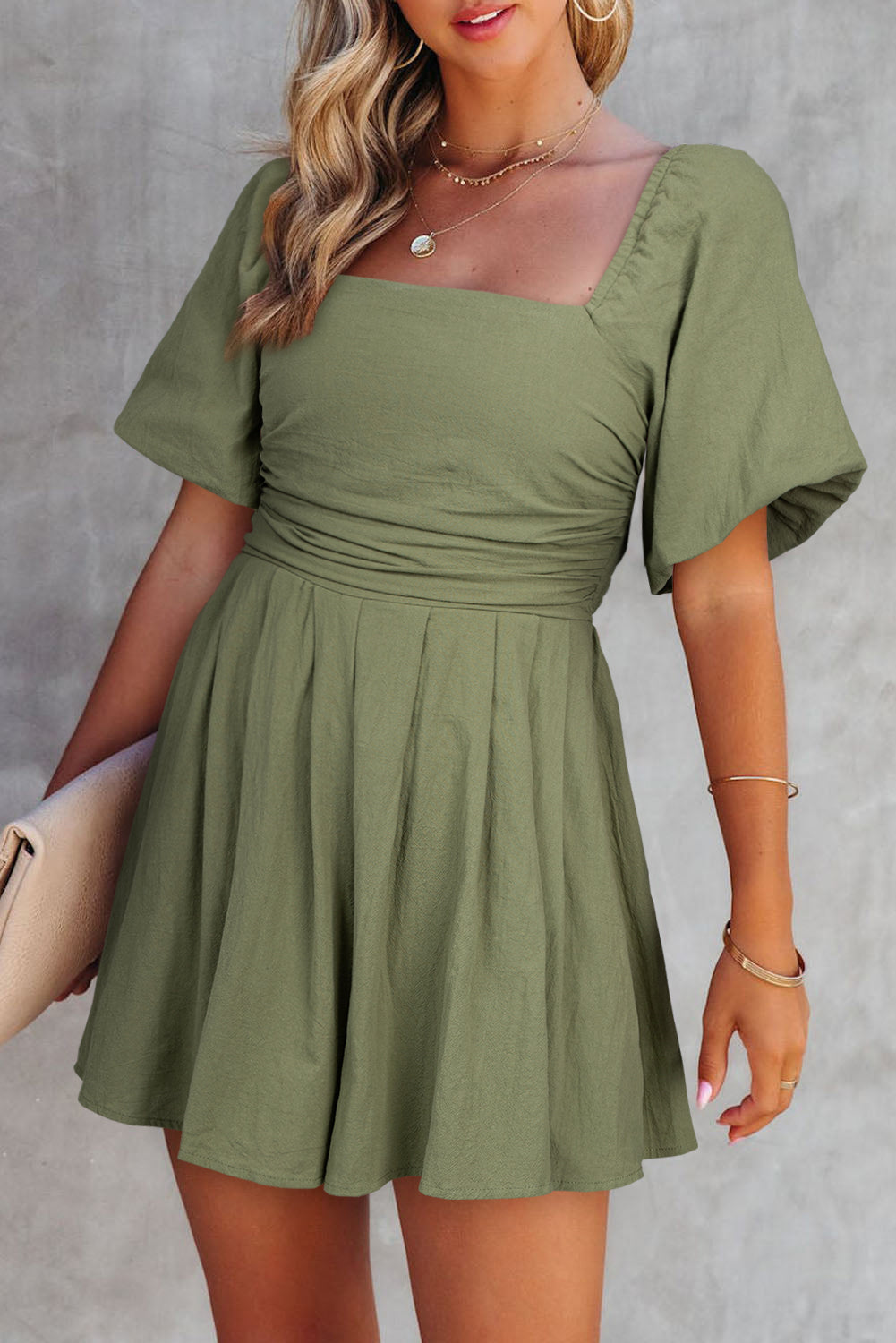 Sky Blue Brown Square Neck Ruched Puff Sleeve Romper