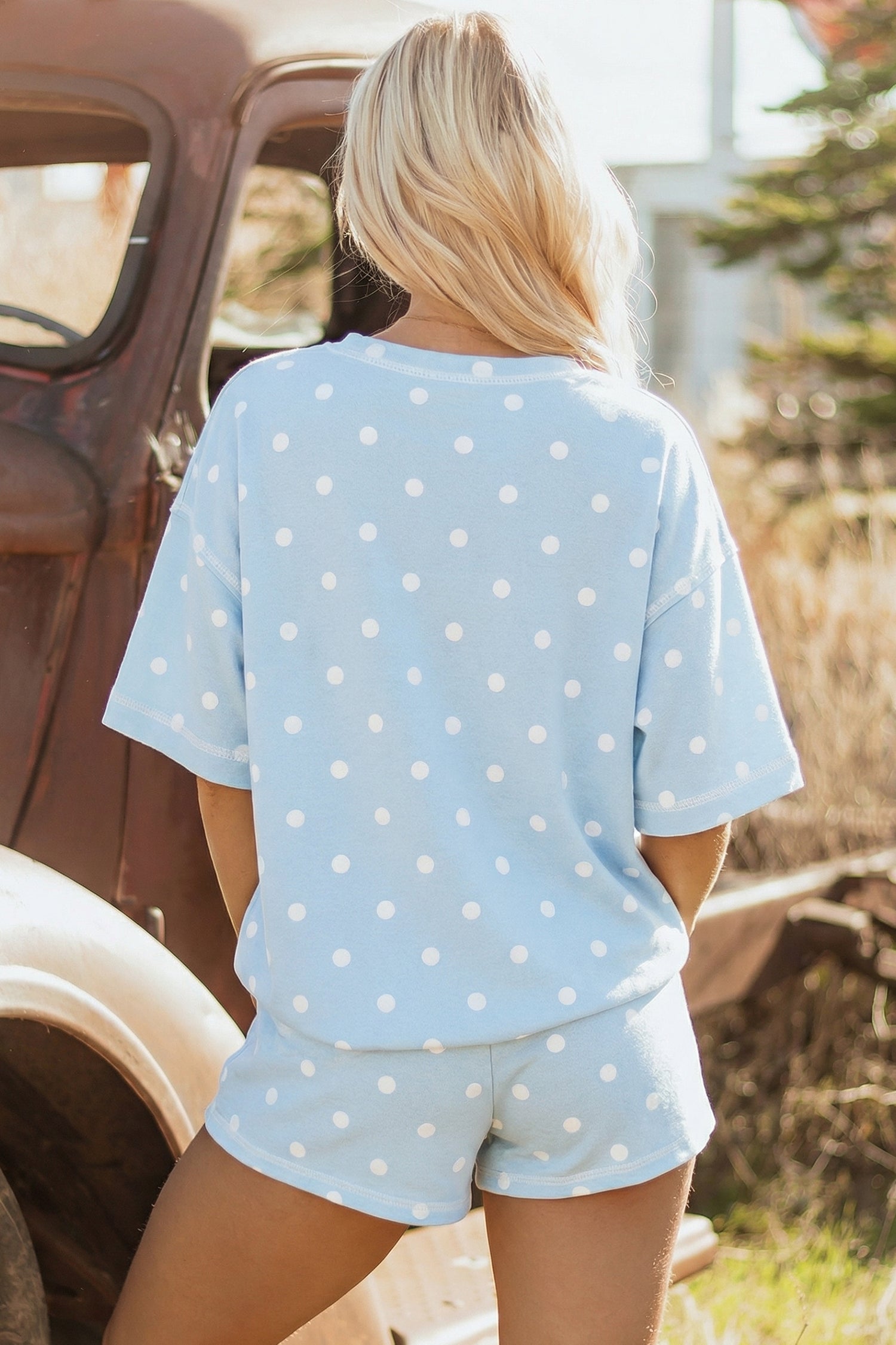 Sky Blue Polka Dot Short Sleeve Loose Top Drawstring Shorts Set