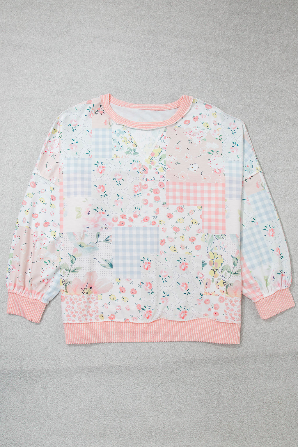Pink Patchwork Floral Print Long Sleeve Tunic Plus Size Blouse