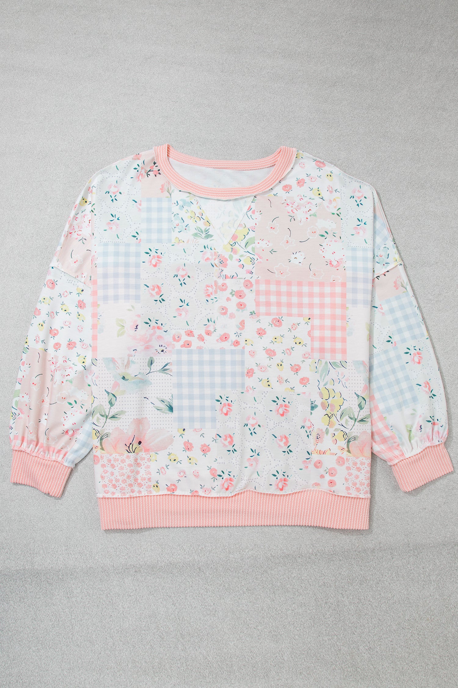 Pink Patchwork Floral Print Long Sleeve Tunic Plus Size Blouse