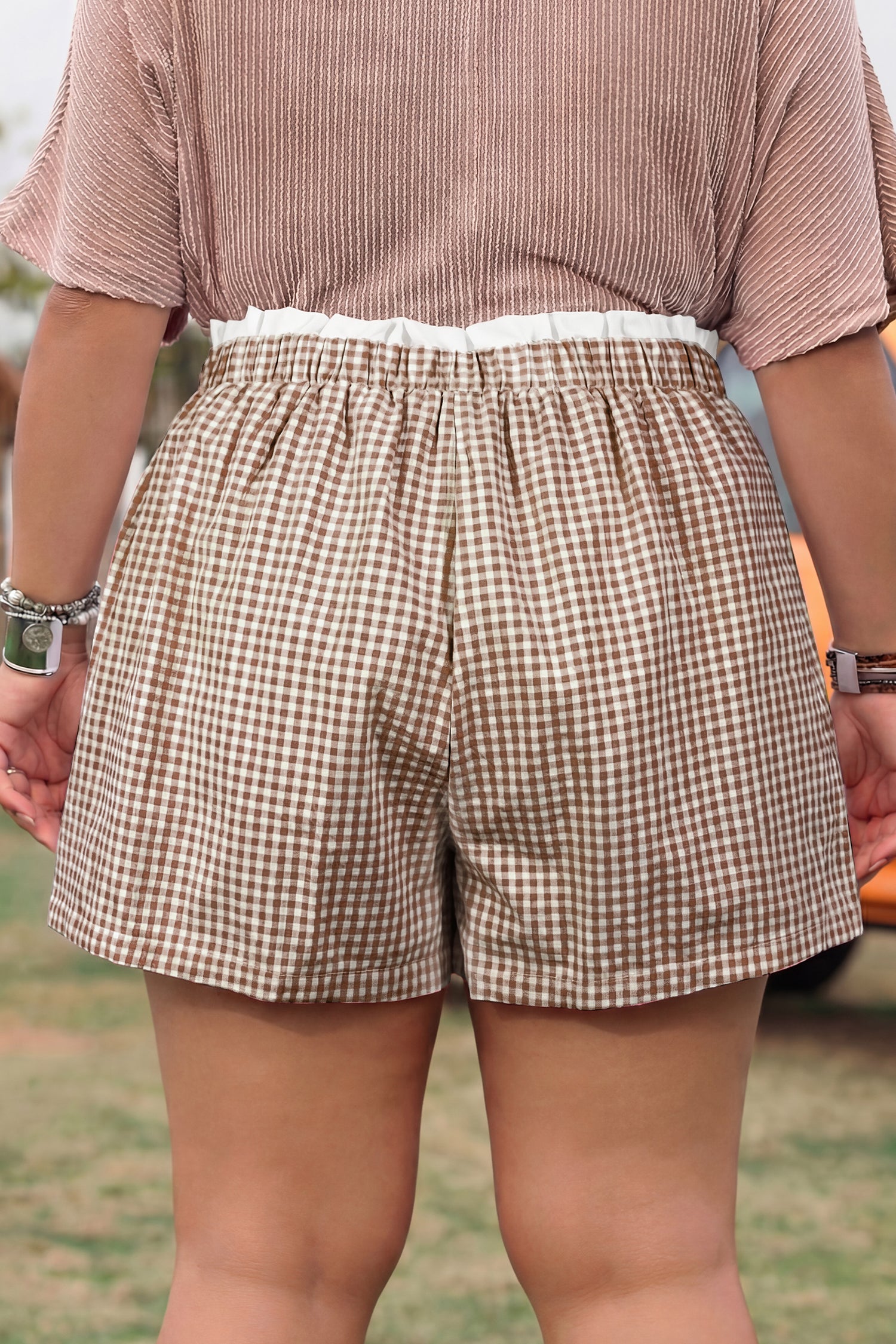Green Contrast Trim Plaid Print Plus Size Shorts