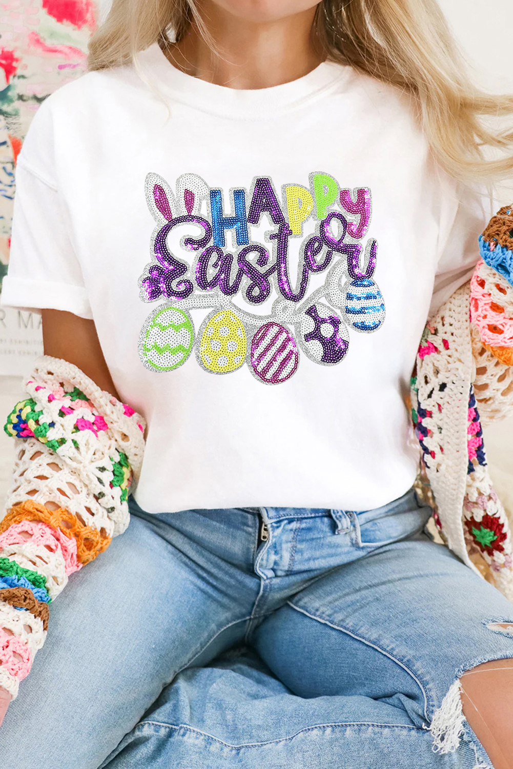 White Happy Easter Sequin Patched Casual Tee