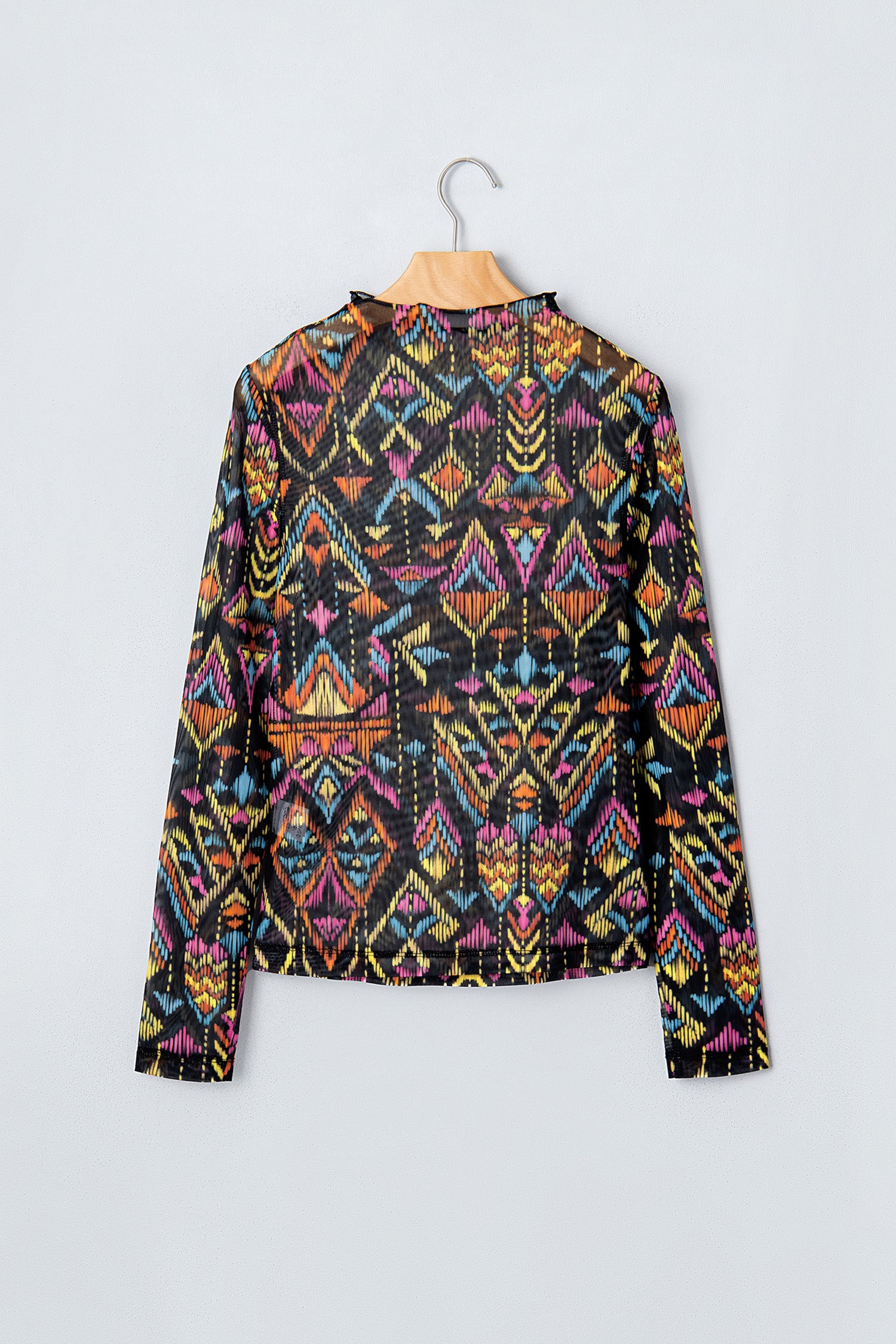 Color black Abstract Print Long Sleeve Stand Neck Mesh Top