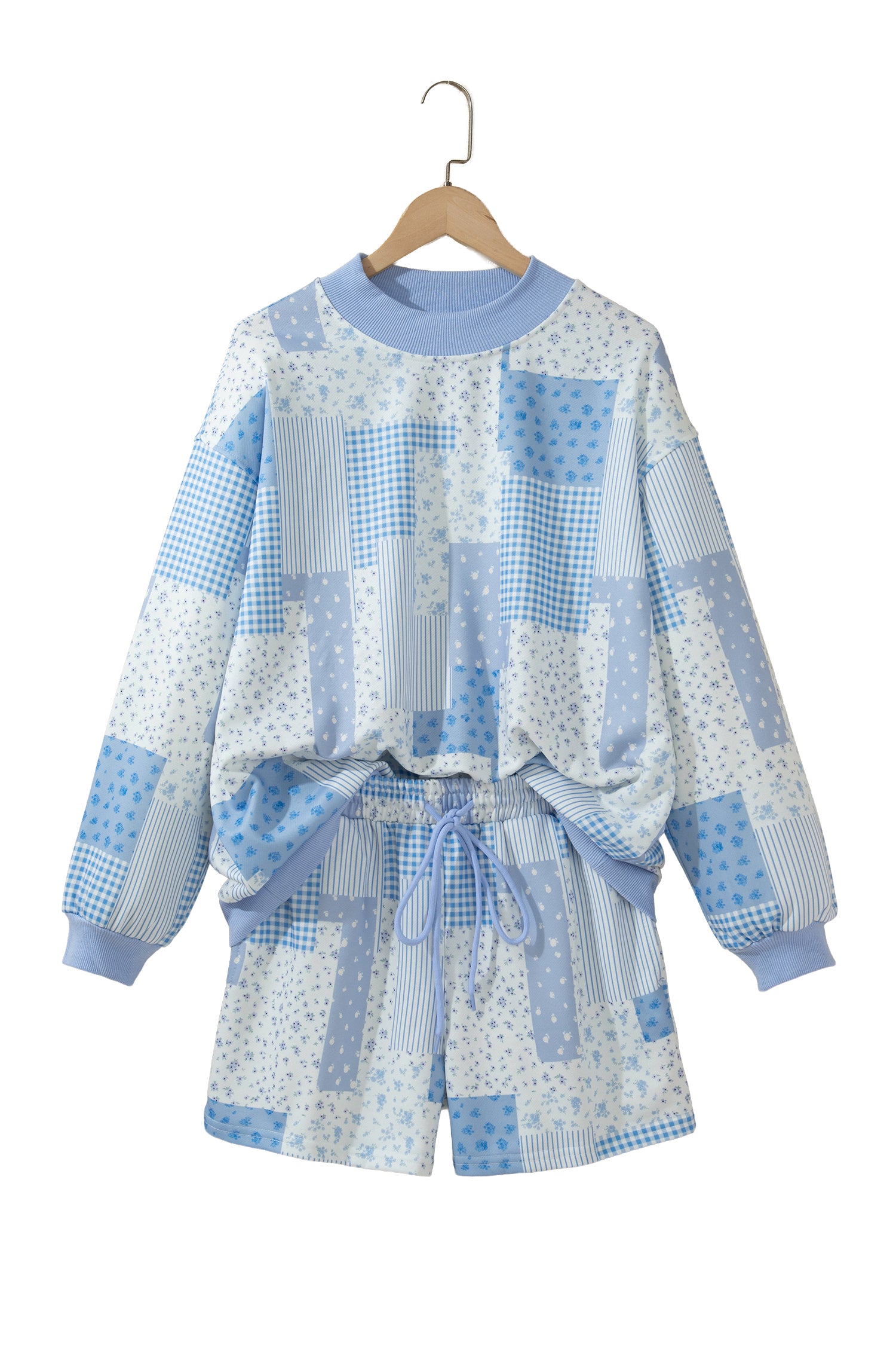 Sky Blue Patchwork Floral Print Drop Shoulder Baggy Pullover Drawstring Shorts Set