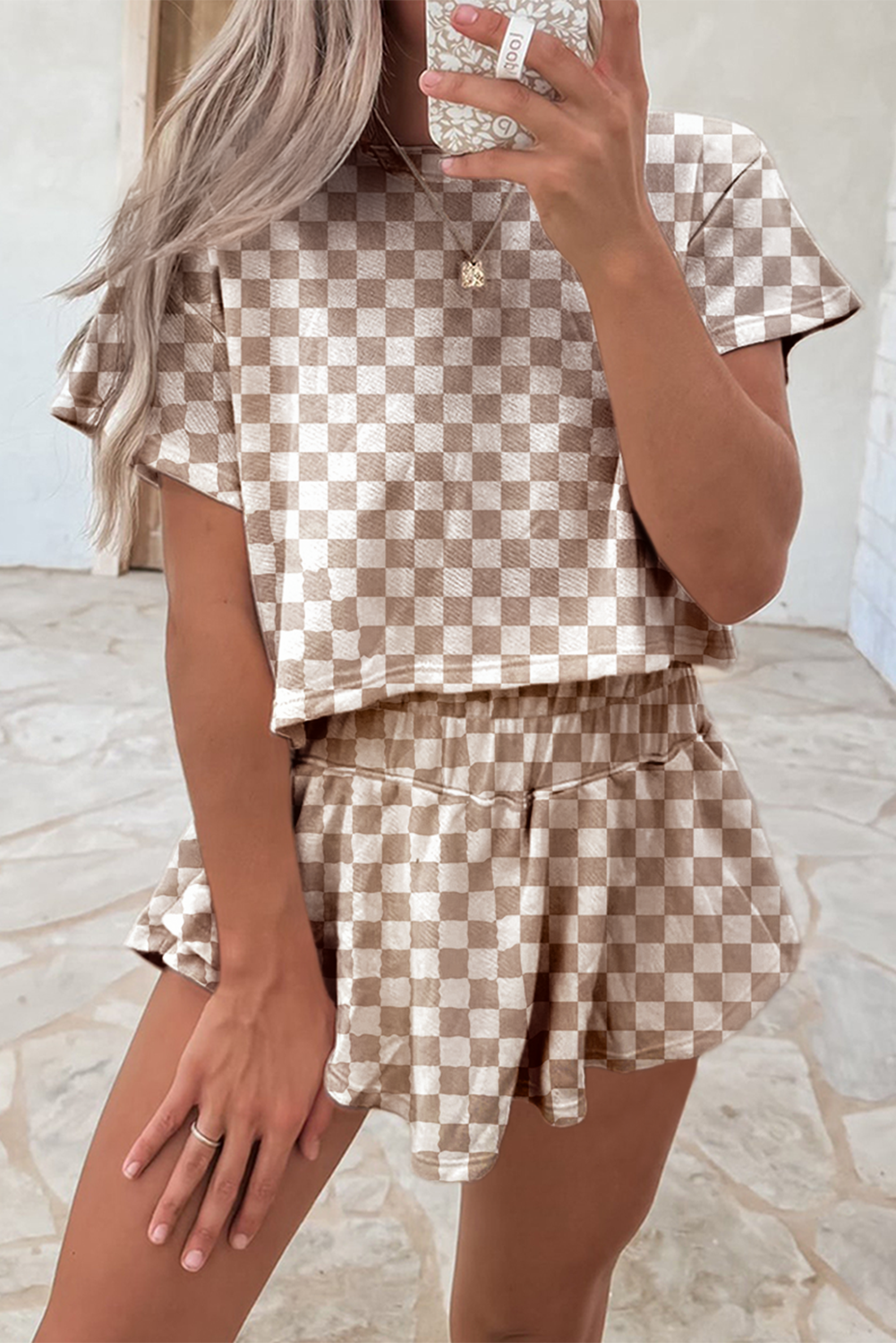 Pink Checkerboard T Shirt and High Waist Skorts 2 Piece Outfit