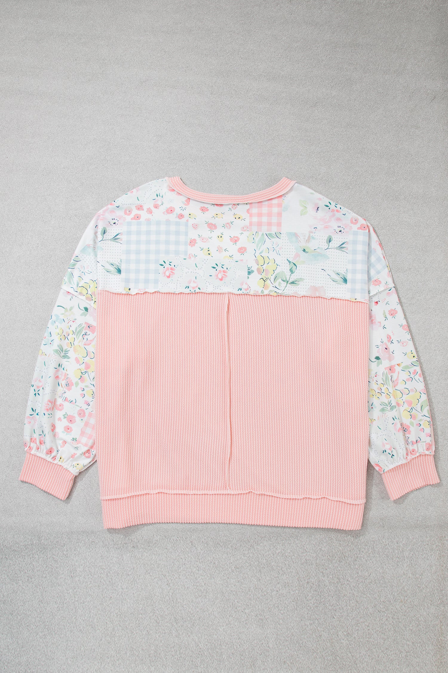 Pink Patchwork Floral Print Long Sleeve Tunic Plus Size Blouse