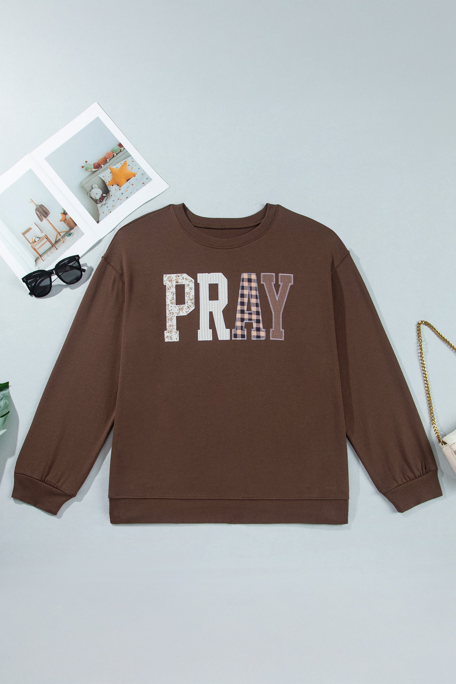 Coffee PRAY Letter Patchwork Round Neck Long Sleeve Plus Size Sweatshirt