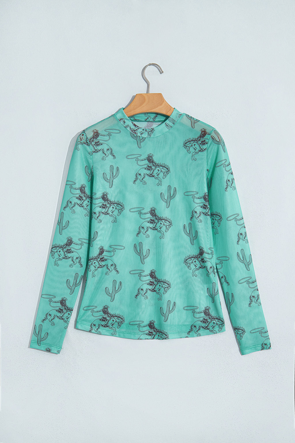 Aruba Blue Western Print High Neck Long Sleeve Sheath Mesh Top