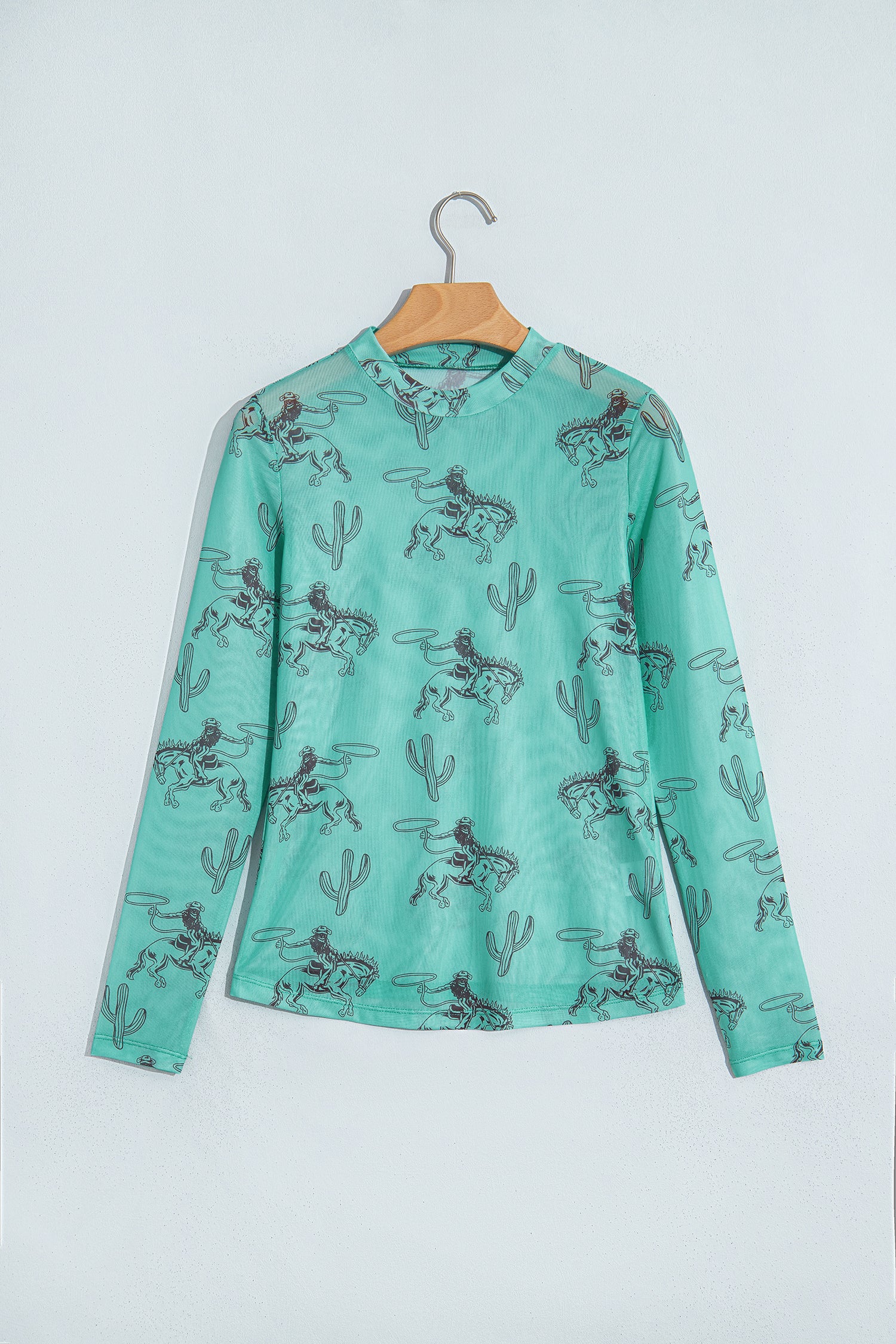 Aruba Blue Western Print High Neck Long Sleeve Sheath Mesh Top