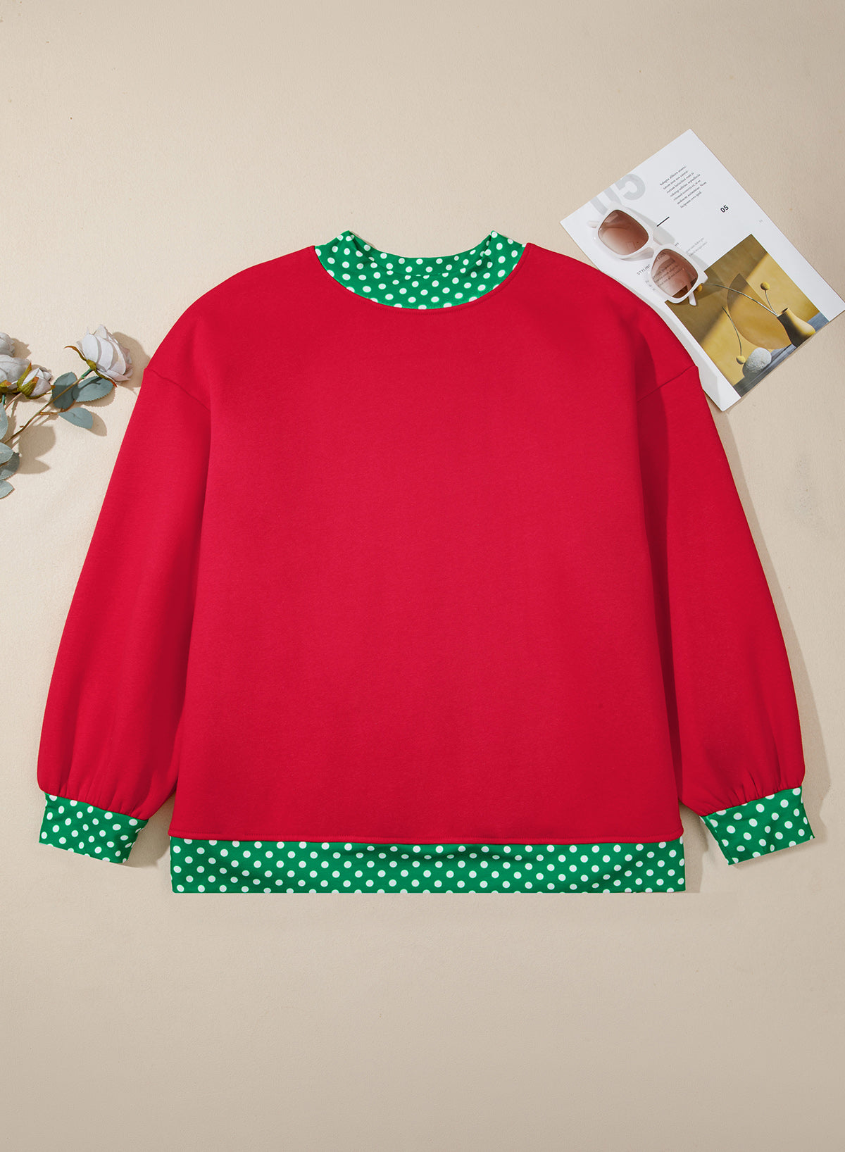 Dark Green Polka Dot Patchwork Round Neck Plus Size Sweatshirt