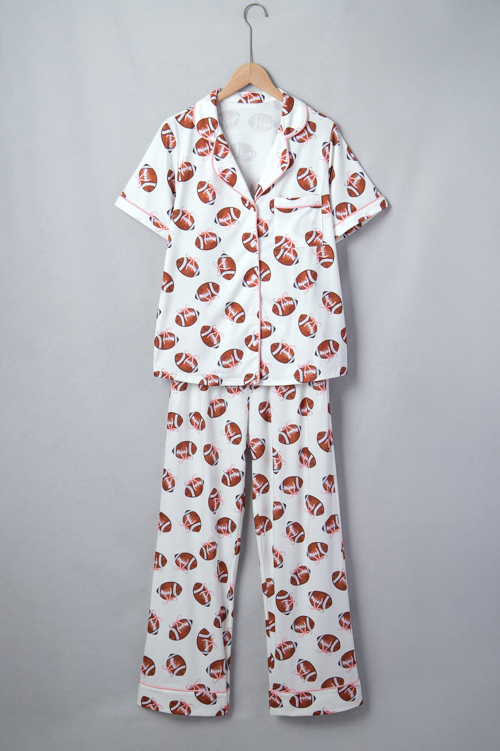 White Rugby Print Short Sleeve Button Down Top Loose Pants Game Day Pajama Set