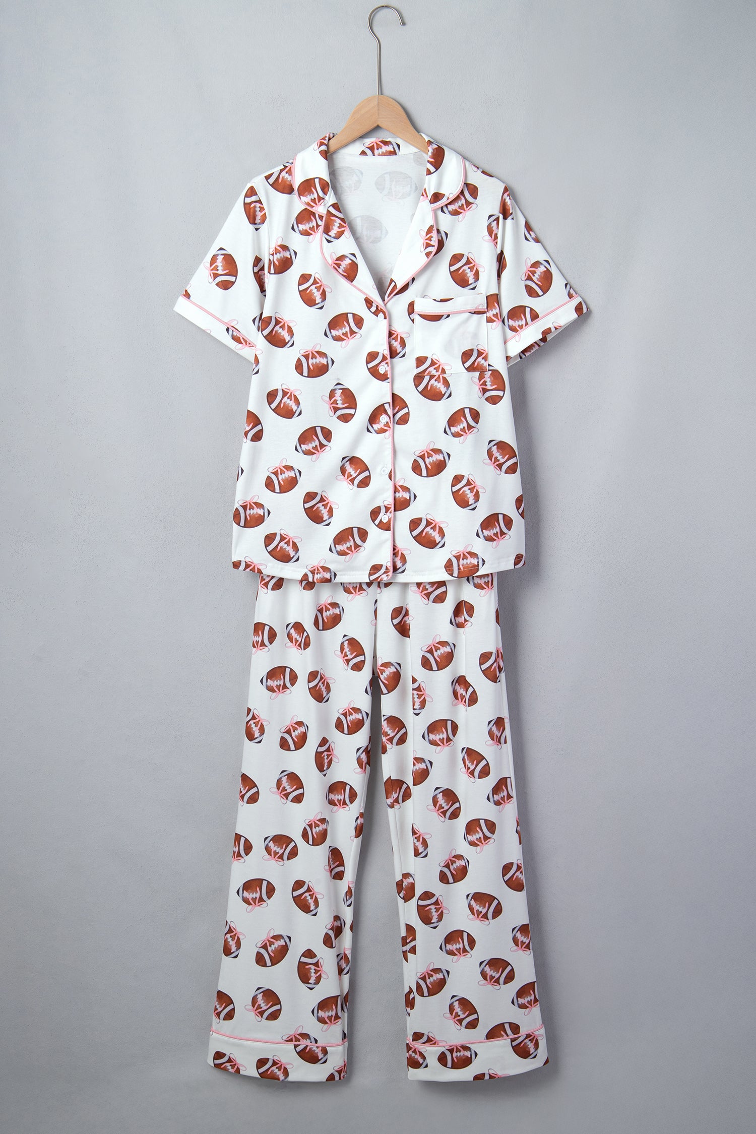 White Rugby Print Short Sleeve Button Down Top Loose Pants Game Day Pajama Set