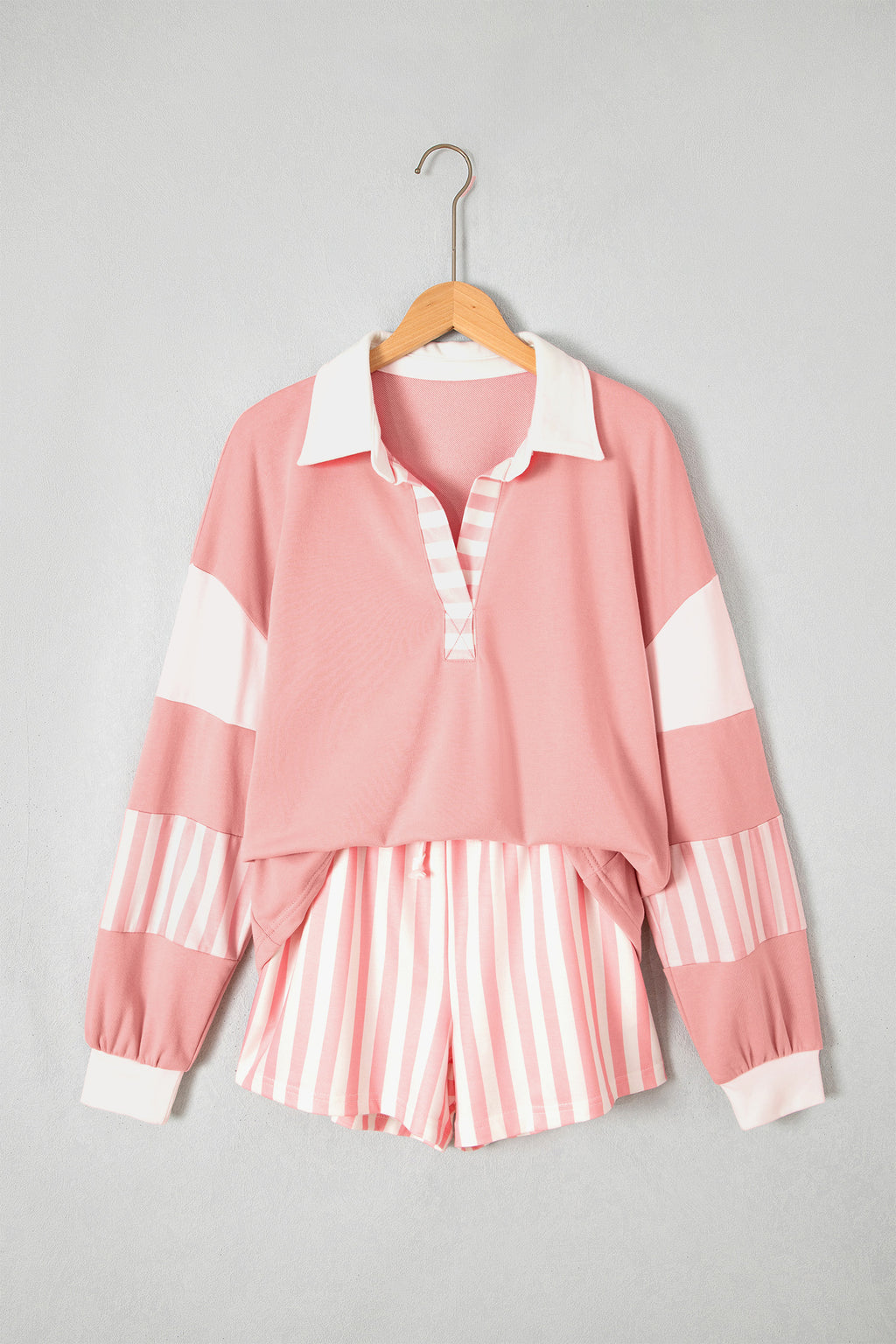 Gossamer Pink Striped Color Block Pullover Top Drawstring Shorts Set