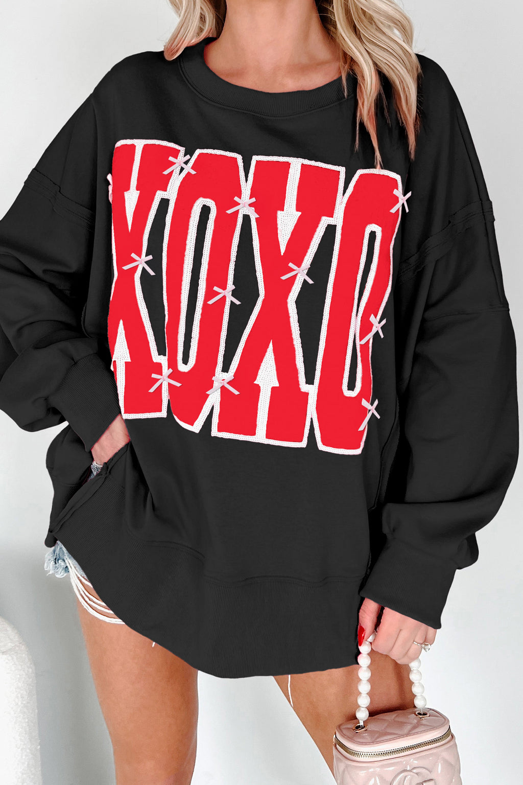 Pink Bow Sequin XOXO Letter Graphic Exposed Seam Baggy Sweatshirt