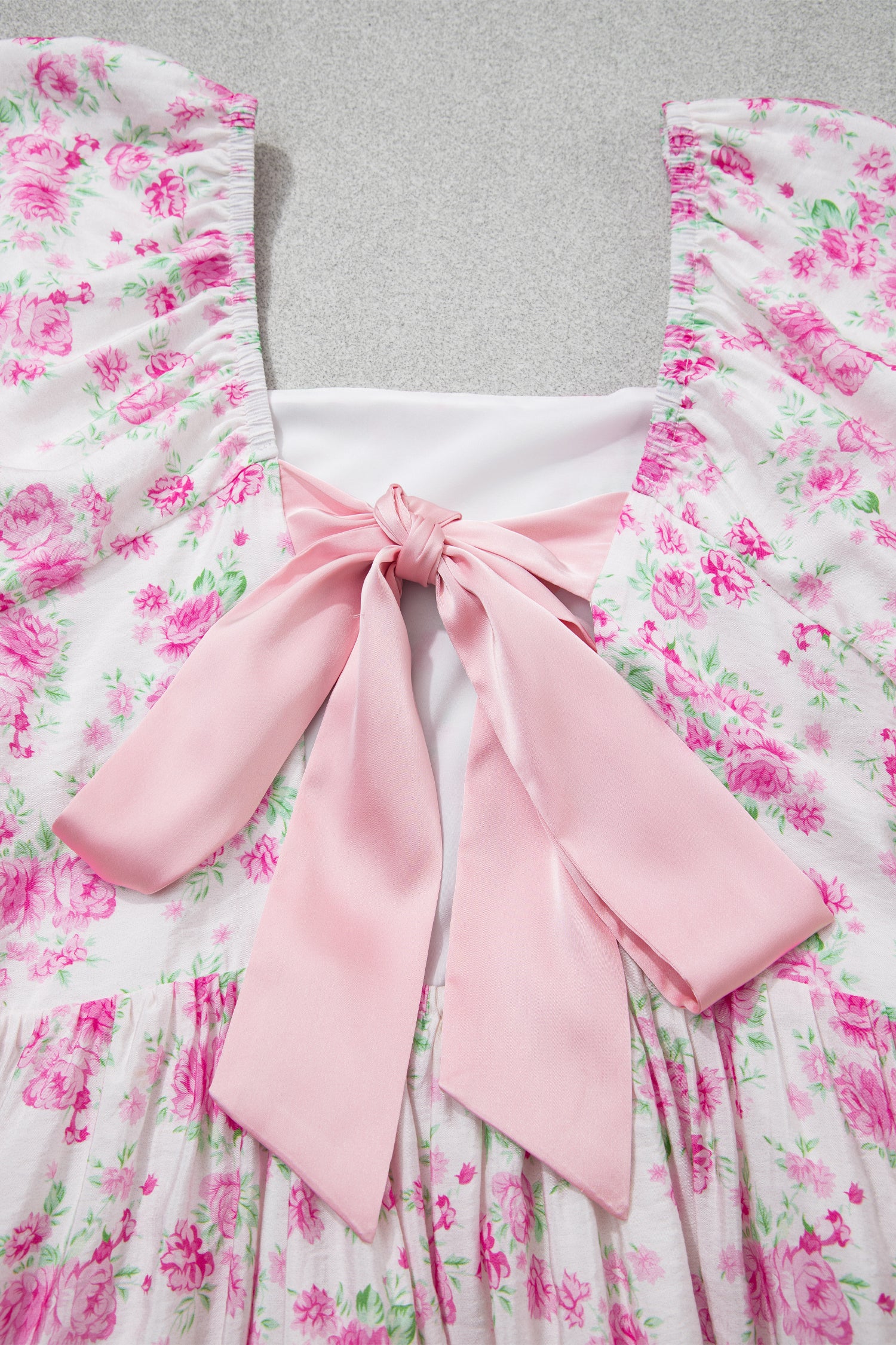 Pink Floral Print Square Neck Ribbon Knot Back Cute Mini Dress