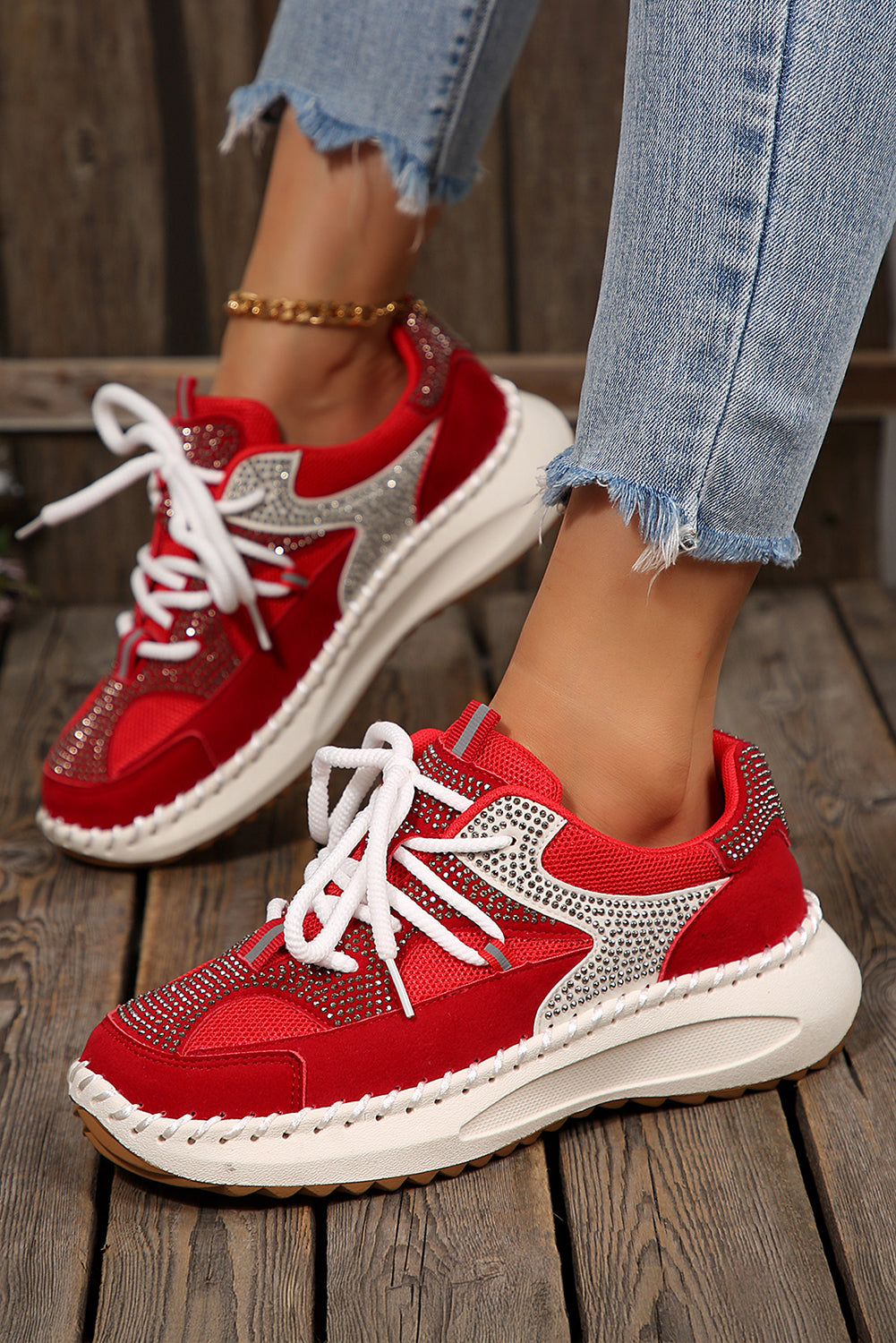 White Rhinestone Embellished Color Block Patchwork Lace-up Breathable Sneakers