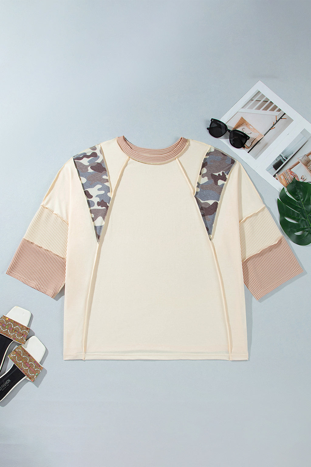 Apricot Camouflage Panel Twist Rib Sleeve Round Neck Loose Fit Plus Size Blouse