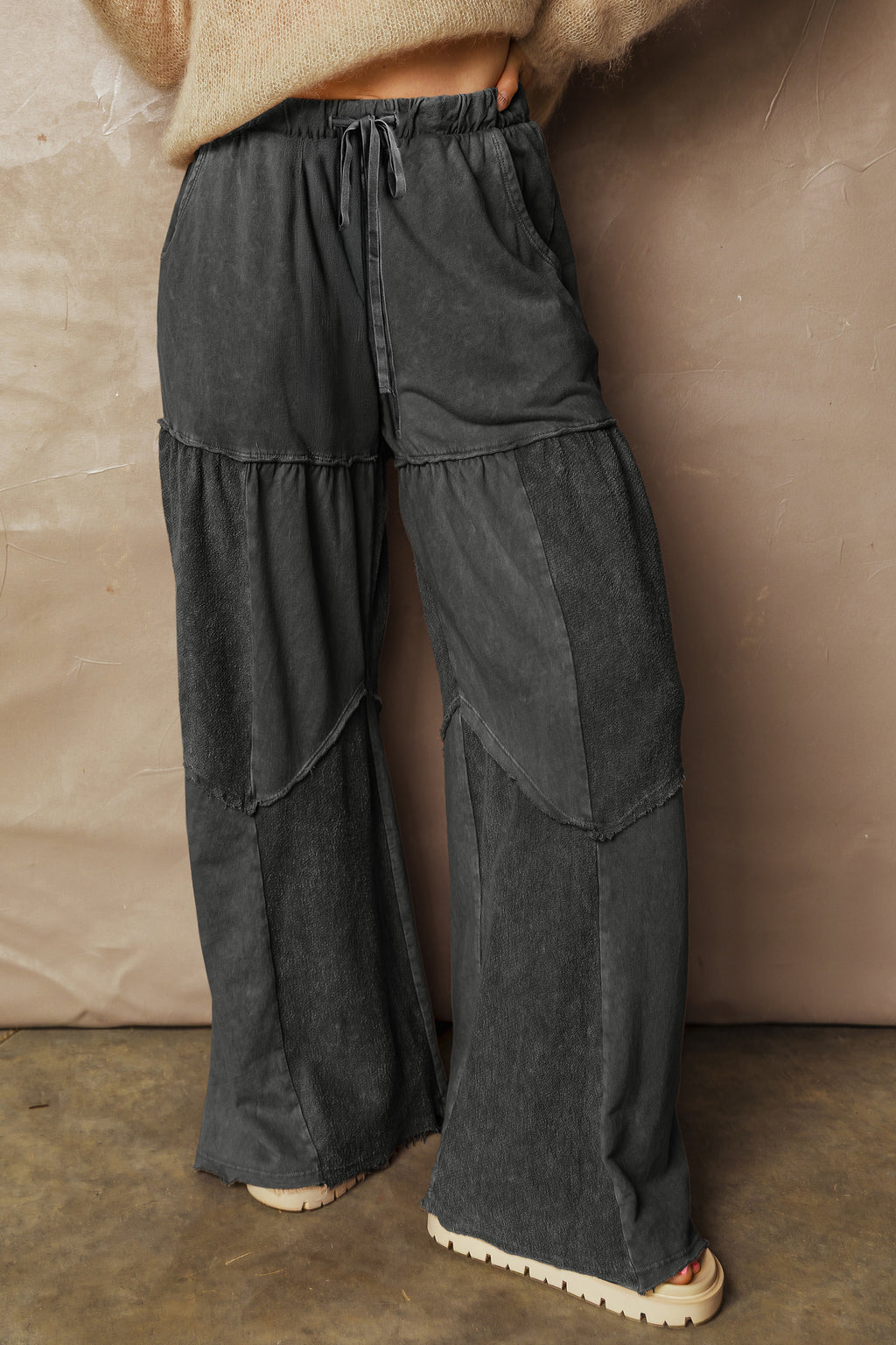 Careys Mineral Wash Tiered Wide Leg Patchwork Drawstring Pants