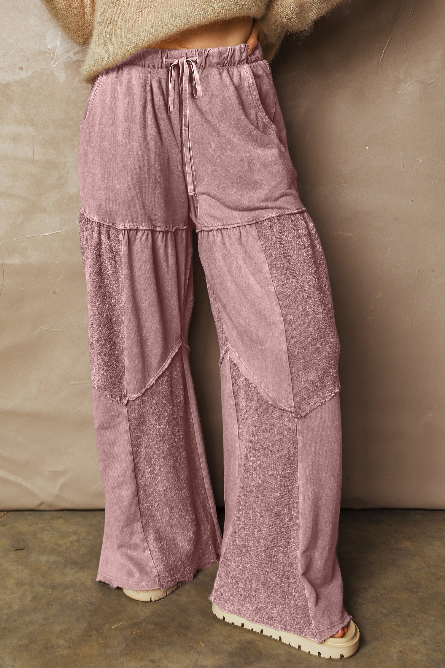 Careys Mineral Wash Tiered Wide Leg Patchwork Drawstring Pants