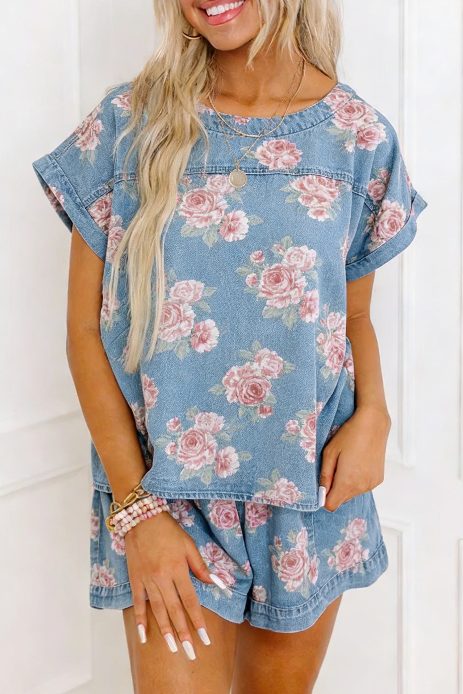 Sky Blue Floral Denim Short Sleeve Top Loose Shorts 2pcs Set