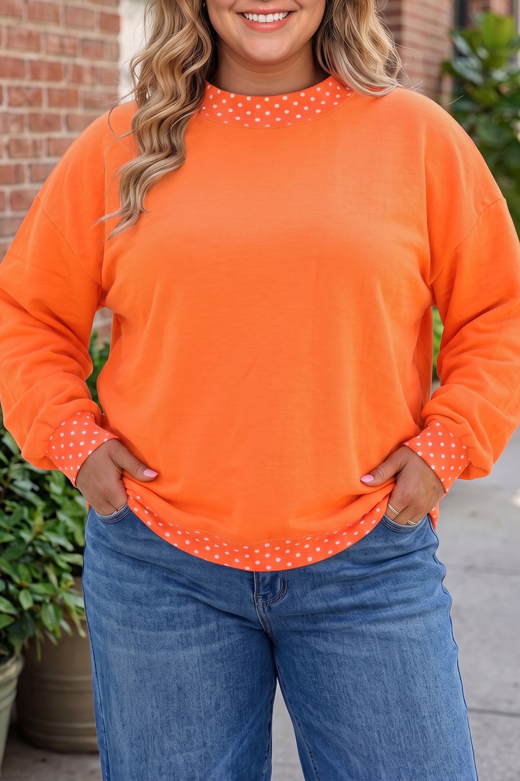 Dark Green Polka Dot Patchwork Round Neck Plus Size Sweatshirt