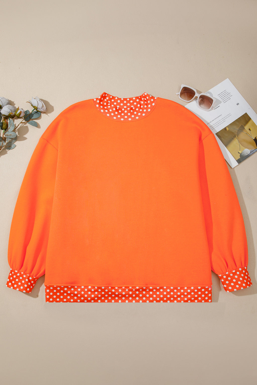 Dark Green Polka Dot Patchwork Round Neck Plus Size Sweatshirt