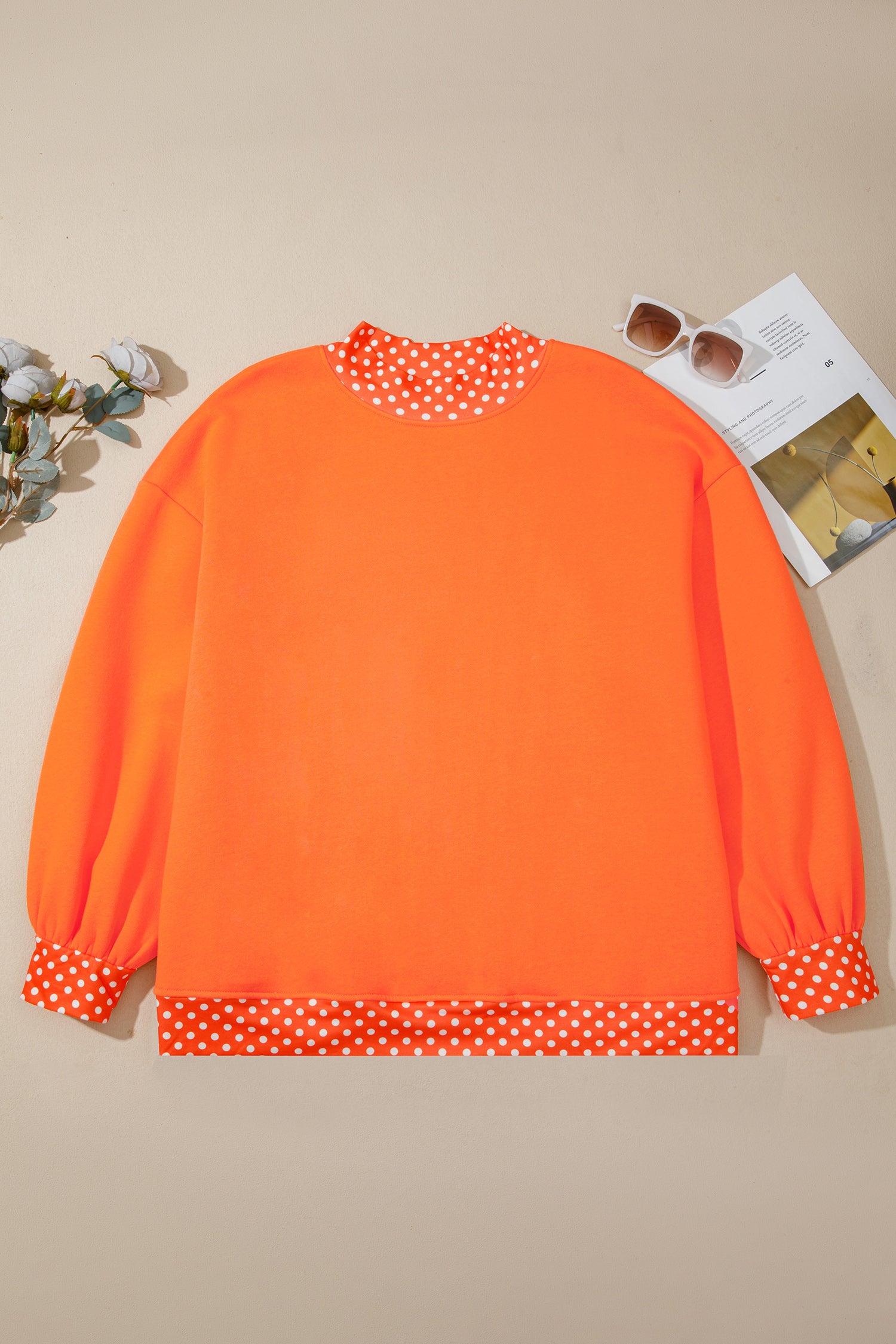 Dark Green Polka Dot Patchwork Round Neck Plus Size Sweatshirt