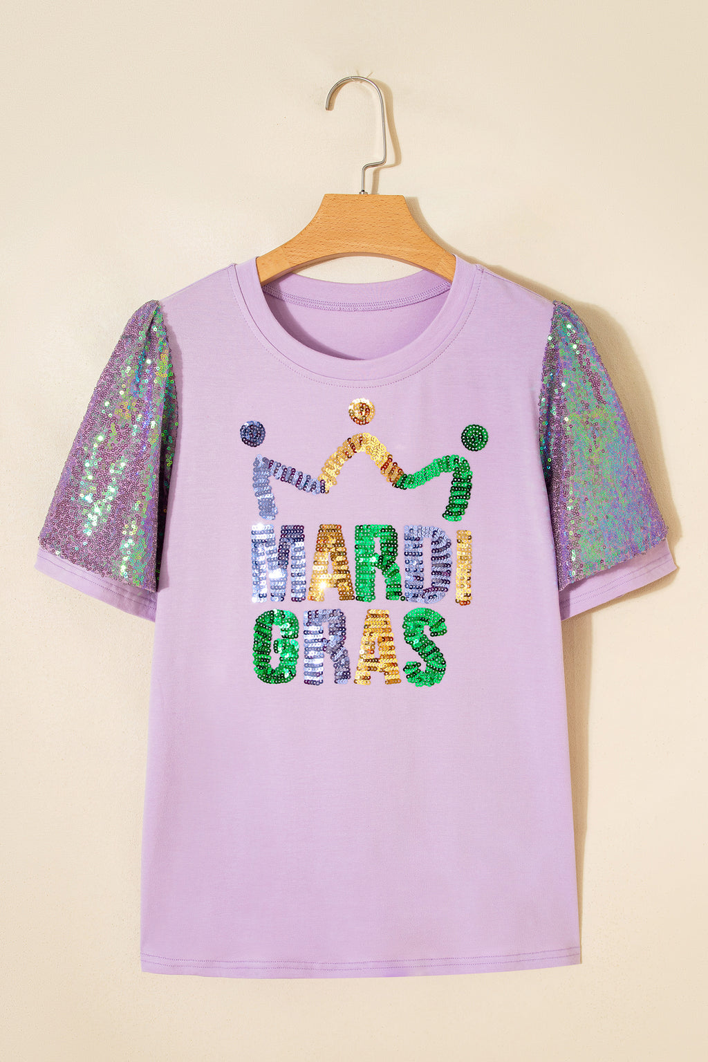 Orchid Petal Sequined MARDI GRAS Graphic Patchwork T Shirt