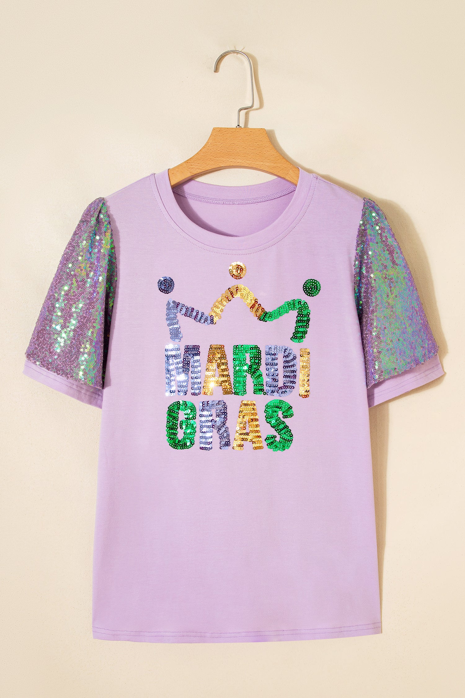 Orchid Petal Sequined MARDI GRAS Graphic Patchwork T Shirt