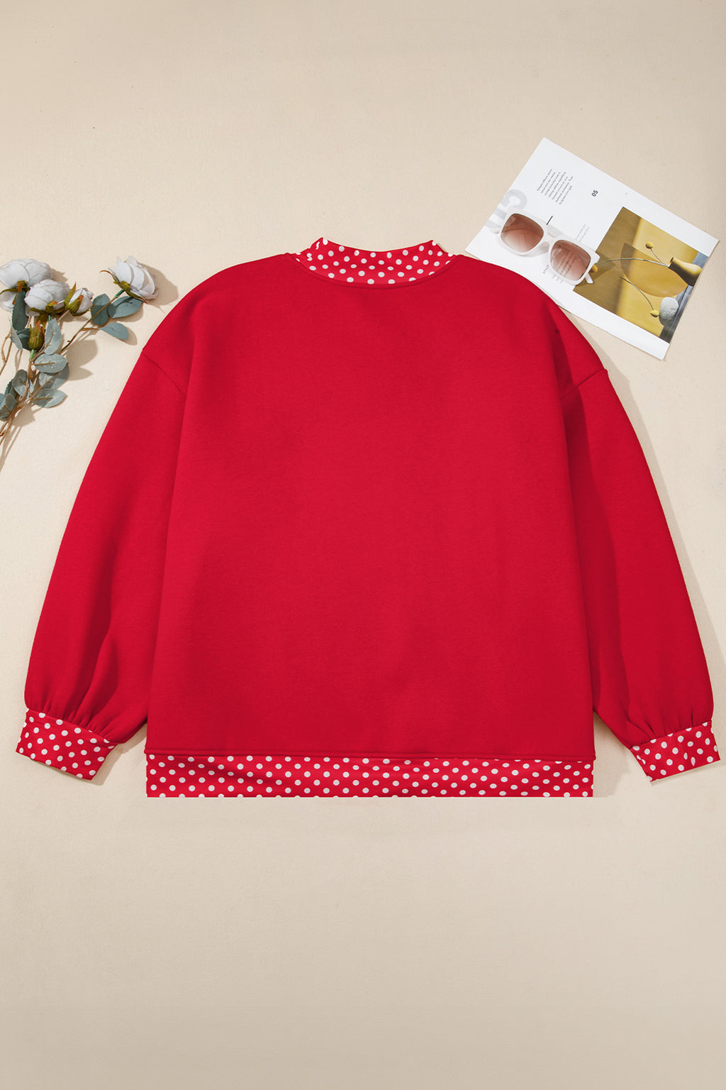 Dark Green Polka Dot Patchwork Round Neck Plus Size Sweatshirt