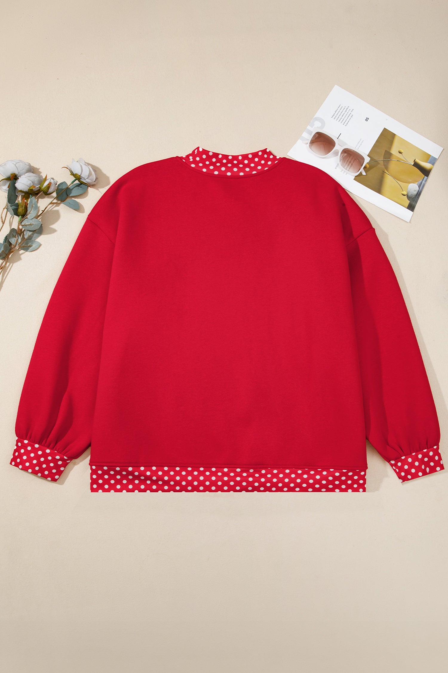 Dark Green Polka Dot Patchwork Round Neck Plus Size Sweatshirt