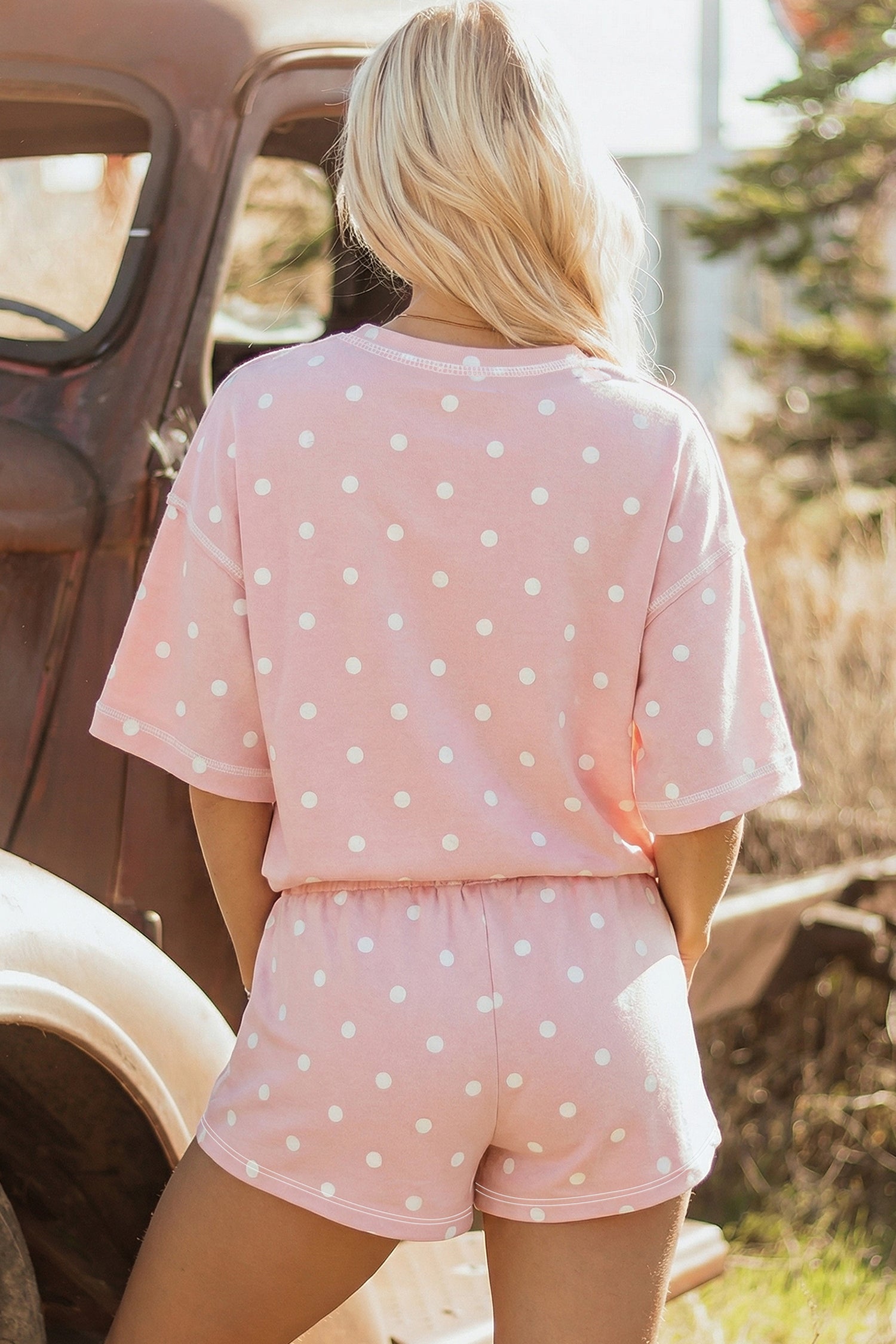 Sky Blue Polka Dot Short Sleeve Loose Top Drawstring Shorts Set