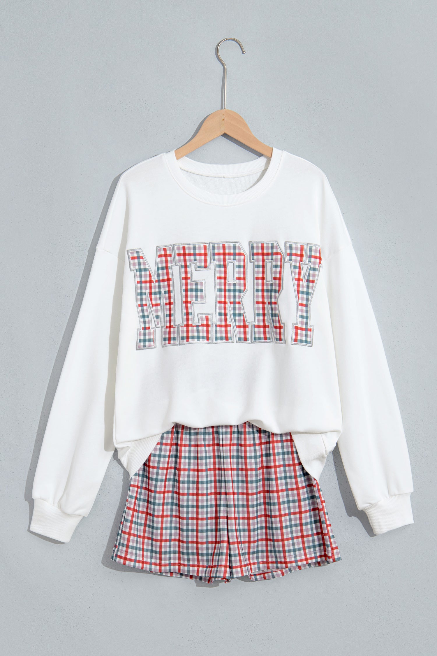 Multicolour Plaid MERRY Holiday Long Sleeve Top and Shorts Set
