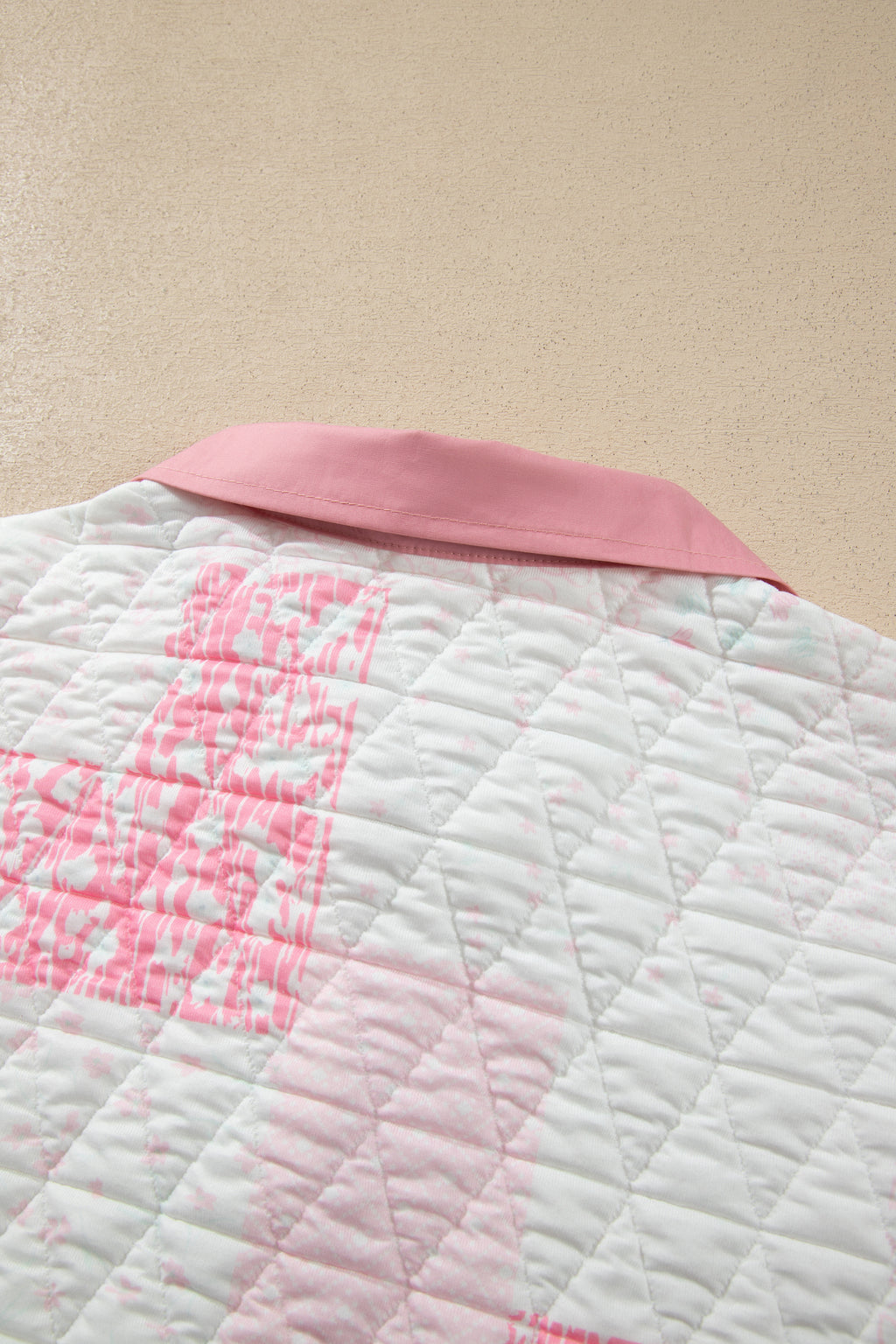 Pink Floral Quilted Half Button Pocketed Pullover Sweatshirt