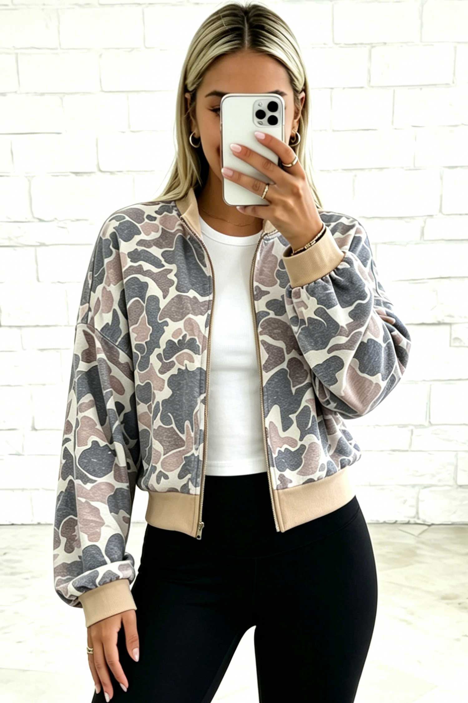 Multicolour Camouflage Print Color Block Trim Zip Bomber Sweatshirt