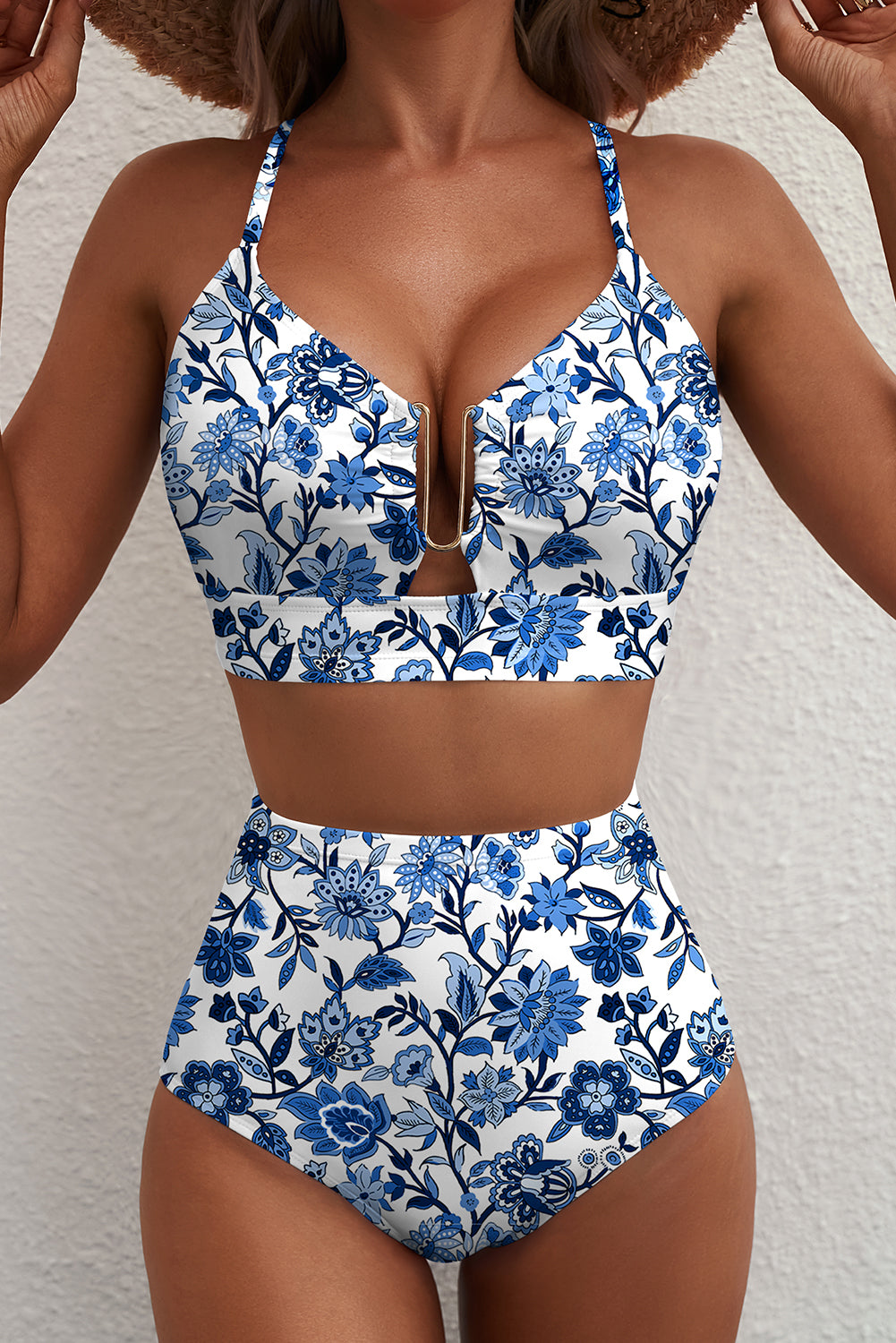 Blue Floral Print Hardware Accent Notched Neck High Waist Bikini Set
