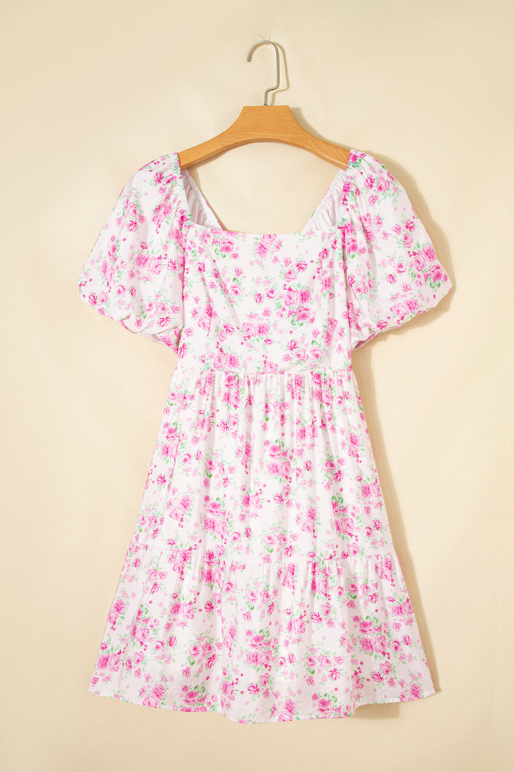 Pink Floral Print Square Neck Ribbon Knot Back Cute Mini Dress