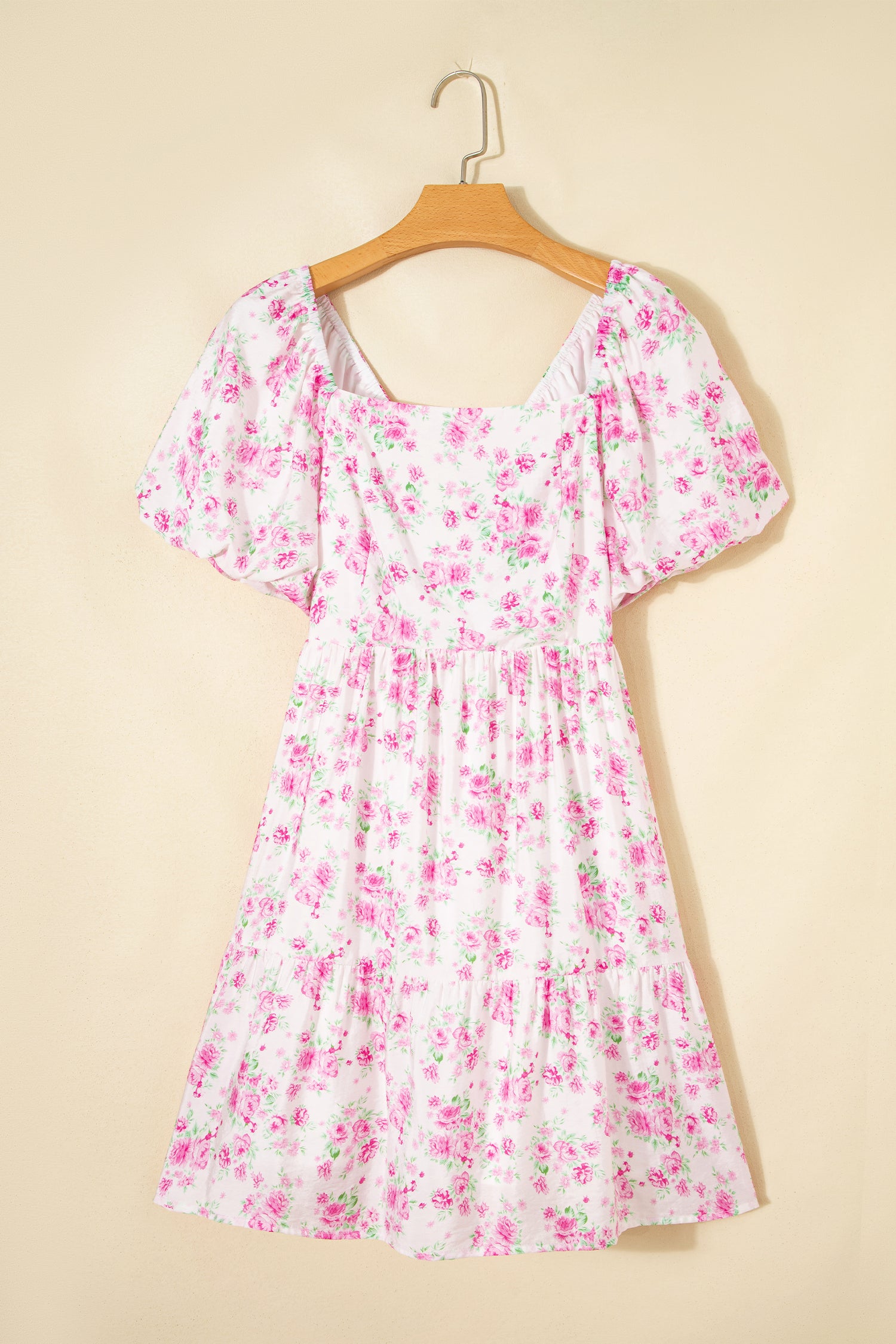 Pink Floral Print Square Neck Ribbon Knot Back Cute Mini Dress