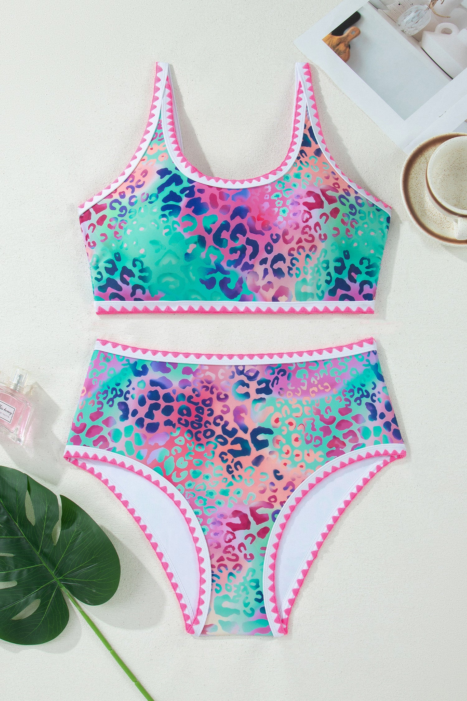 Pink Leopard Ricrac Trim Square Neck High Waist Bikinich