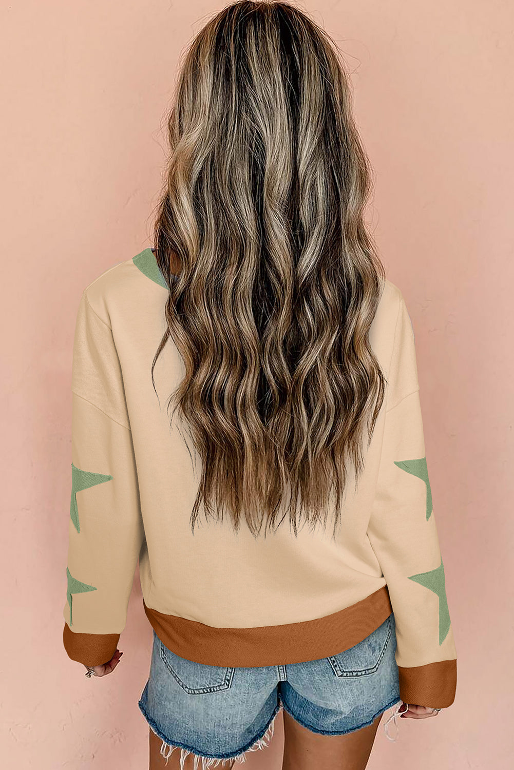 Beige Star Patchwork Exposed Seam Oversized Sweatshirt