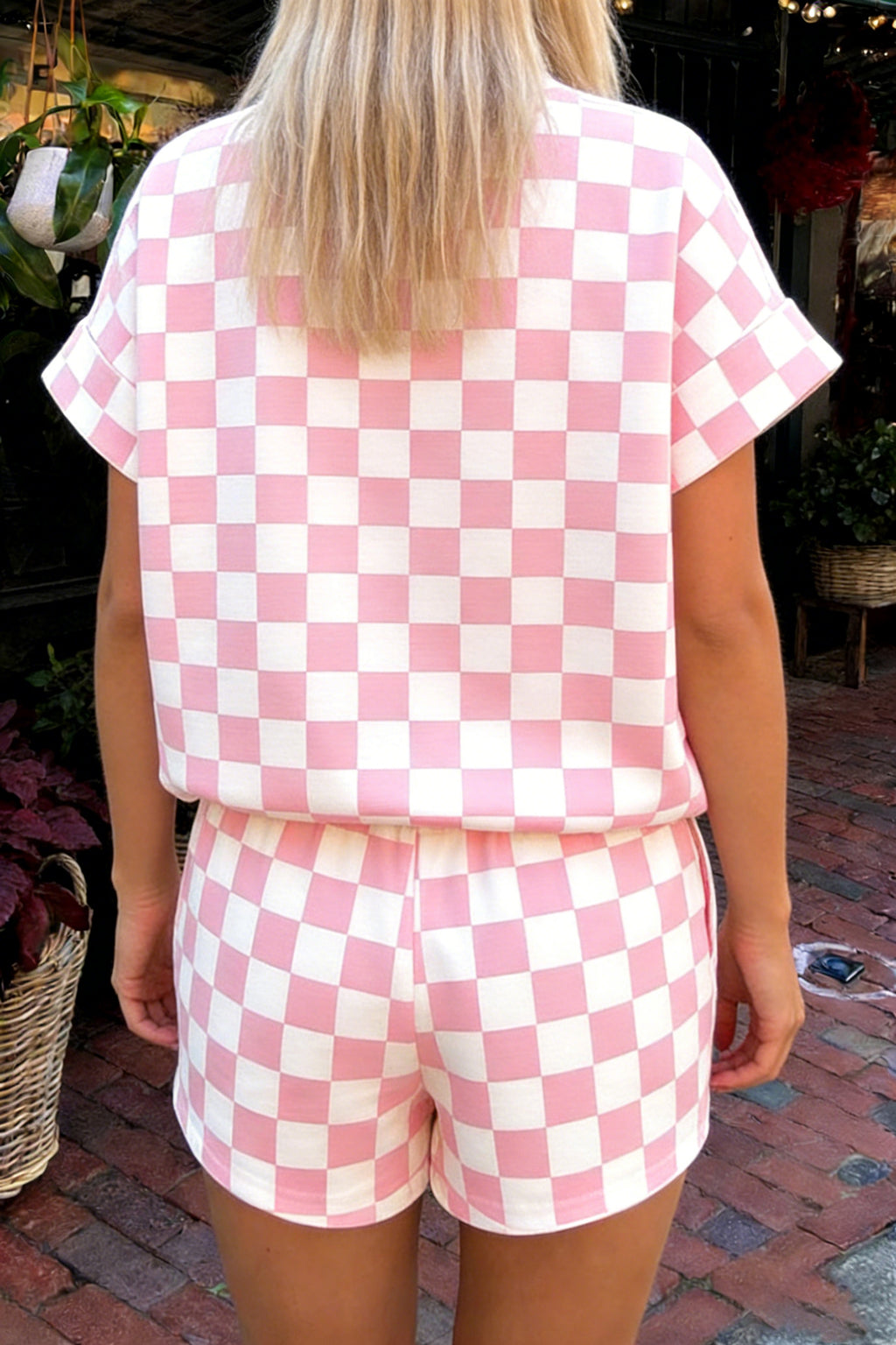 Black Checkered Print Color Block Trim Mock Neck Short Set
