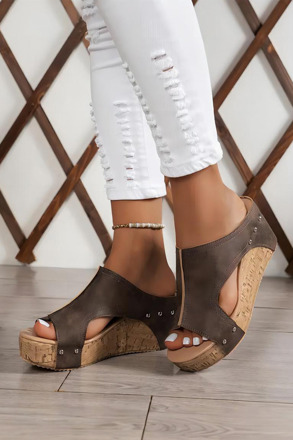 Black Hollow Out Studded PU Leather Wedge Slippers