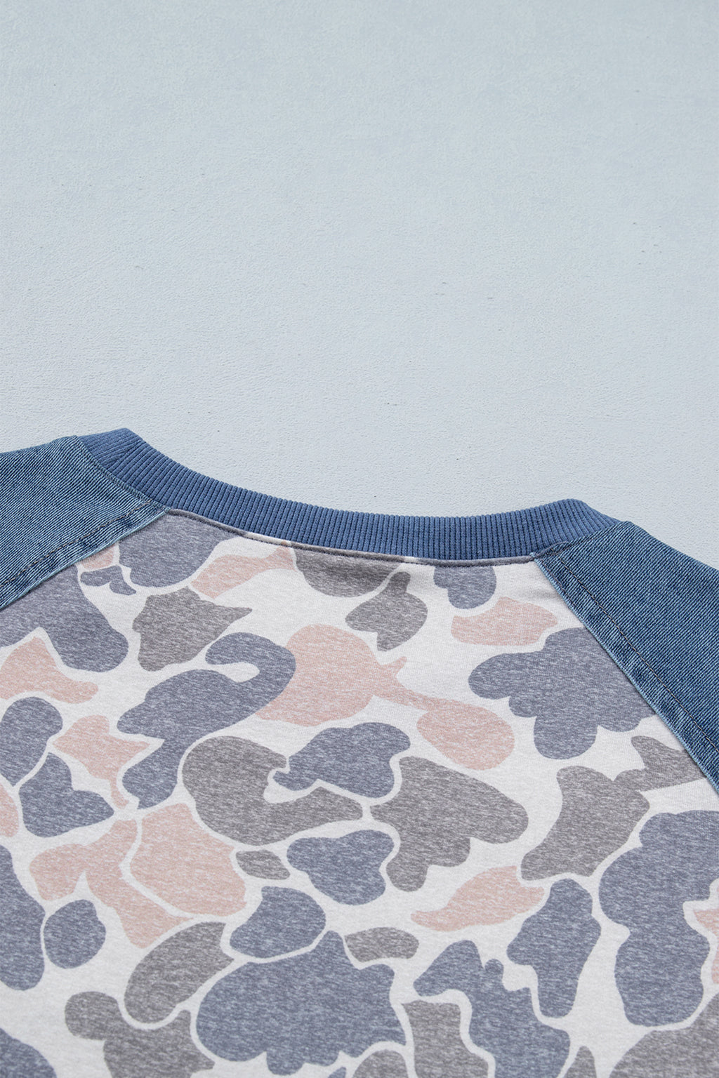 Multicolour Camouflage Print Denim Color Block Sleeve Casual Tee