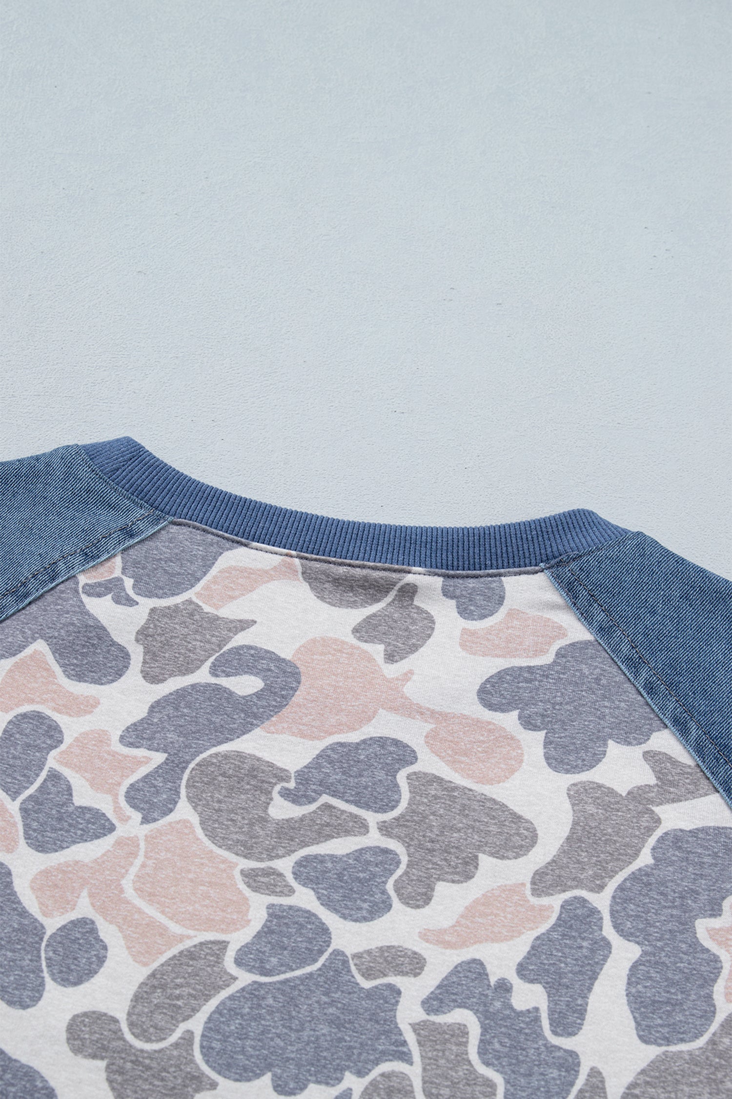 Multicolour Camouflage Print Denim Color Block Sleeve Casual Tee