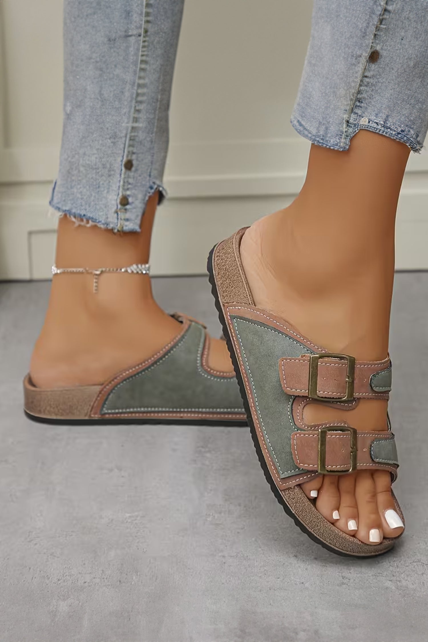 Camel Embroidered Trim Retro Buckle Faux Suede Slippers